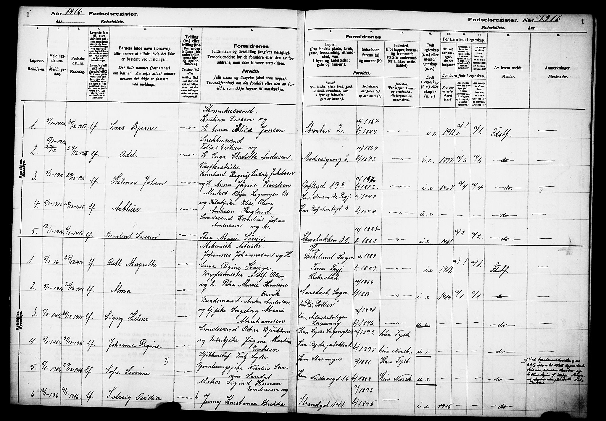 Kvinneklinikken, SAB/A-76301/F/L0A01: Birth register no. A 1, 1916-1920, p. 1