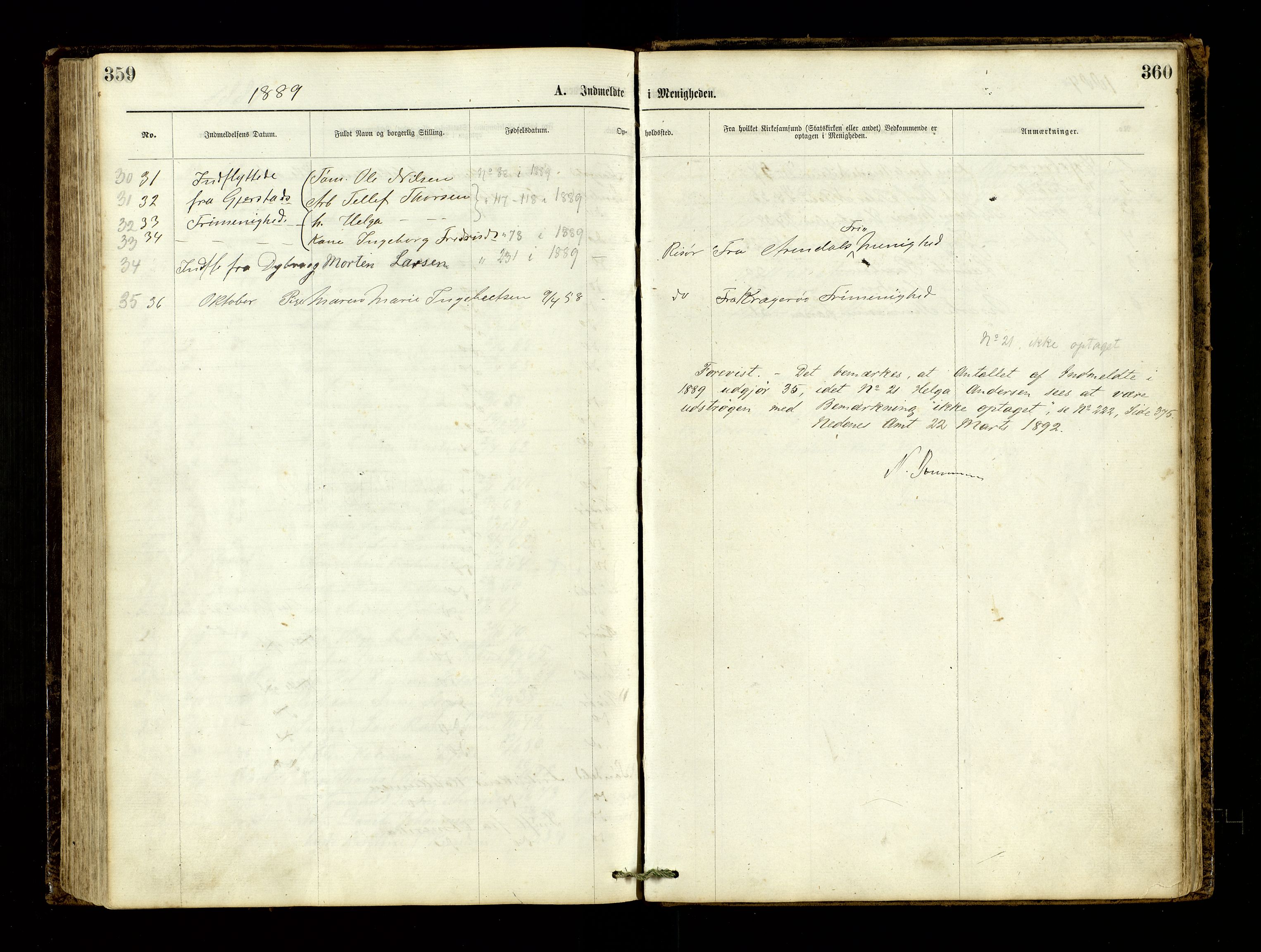 Den evangelisk-lutherske frimenighet, Risør, AV/SAK-1292-0007/F/Fa/L0001: Dissenter register no. F 17, 1877-1892, p. 359-360