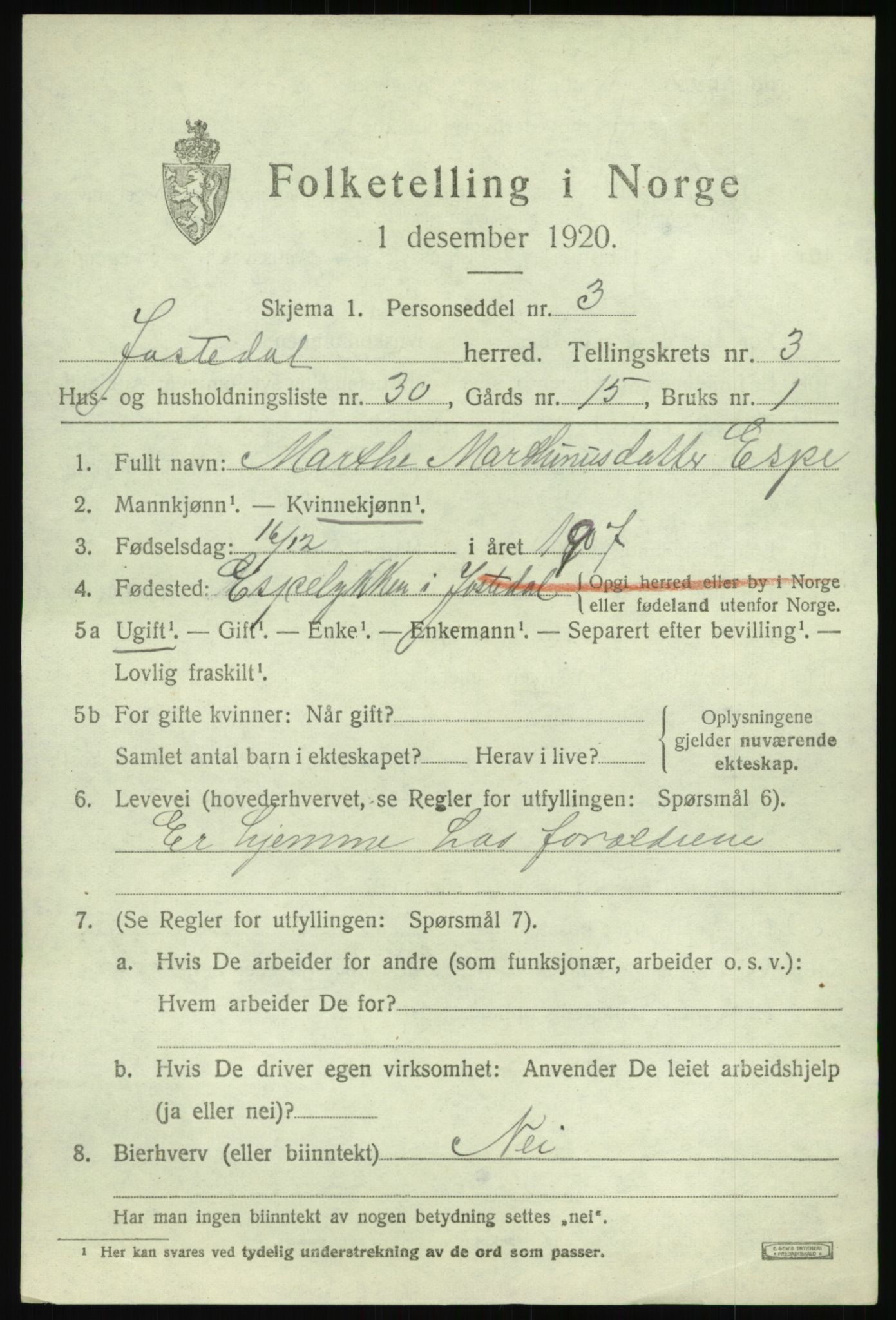 SAB, 1920 census for Jostedal, 1920, p. 1516