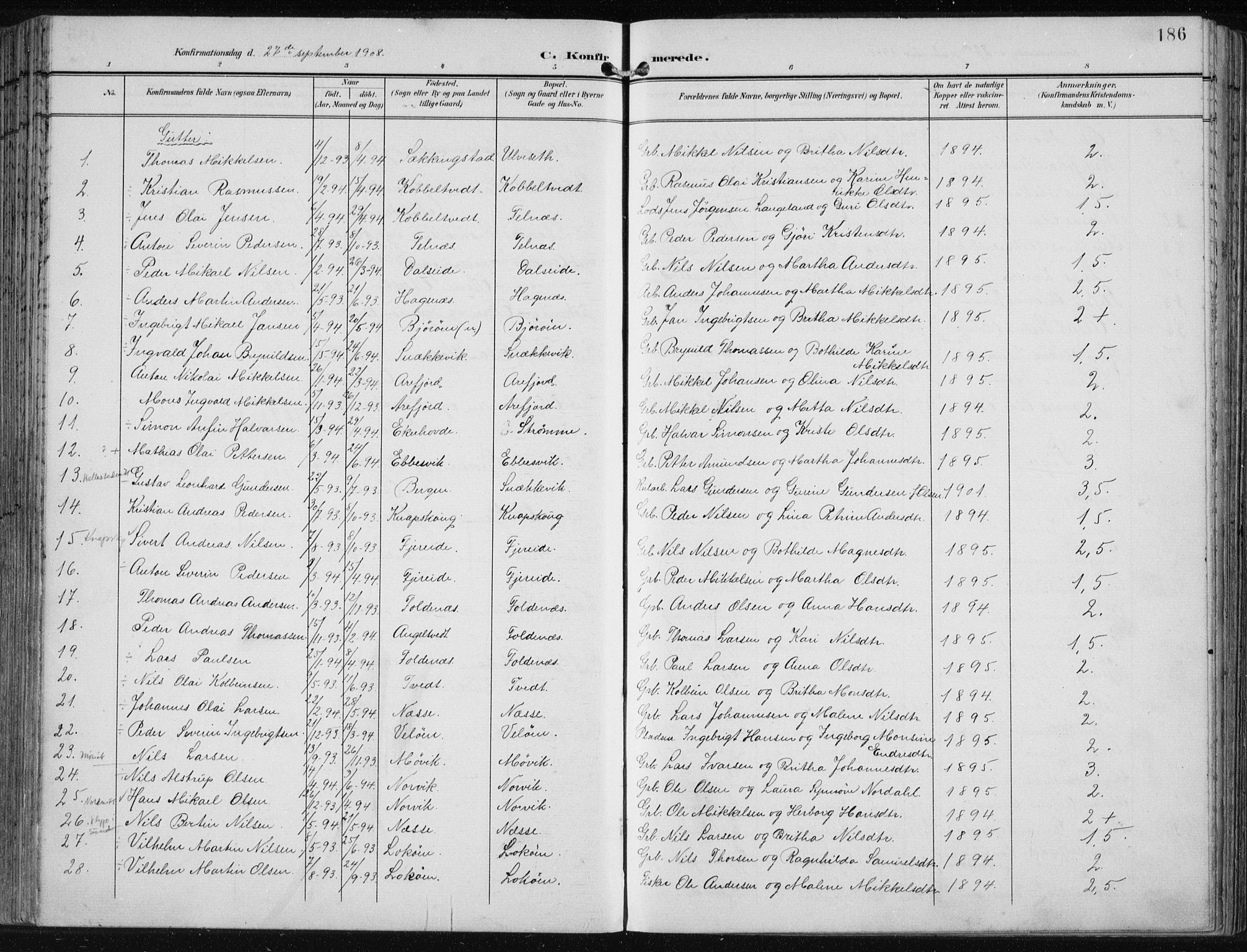 Fjell sokneprestembete, SAB/A-75301/H/Haa: Parish register (official) no. A  9, 1899-1910, p. 186