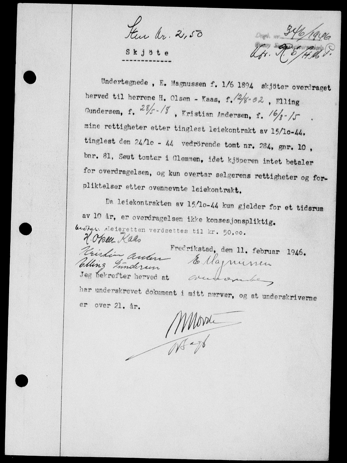 Onsøy sorenskriveri, SAO/A-10474/G/Ga/Gab/L0015: Mortgage book no. II A-15, 1945-1946, Diary no: : 346/1946