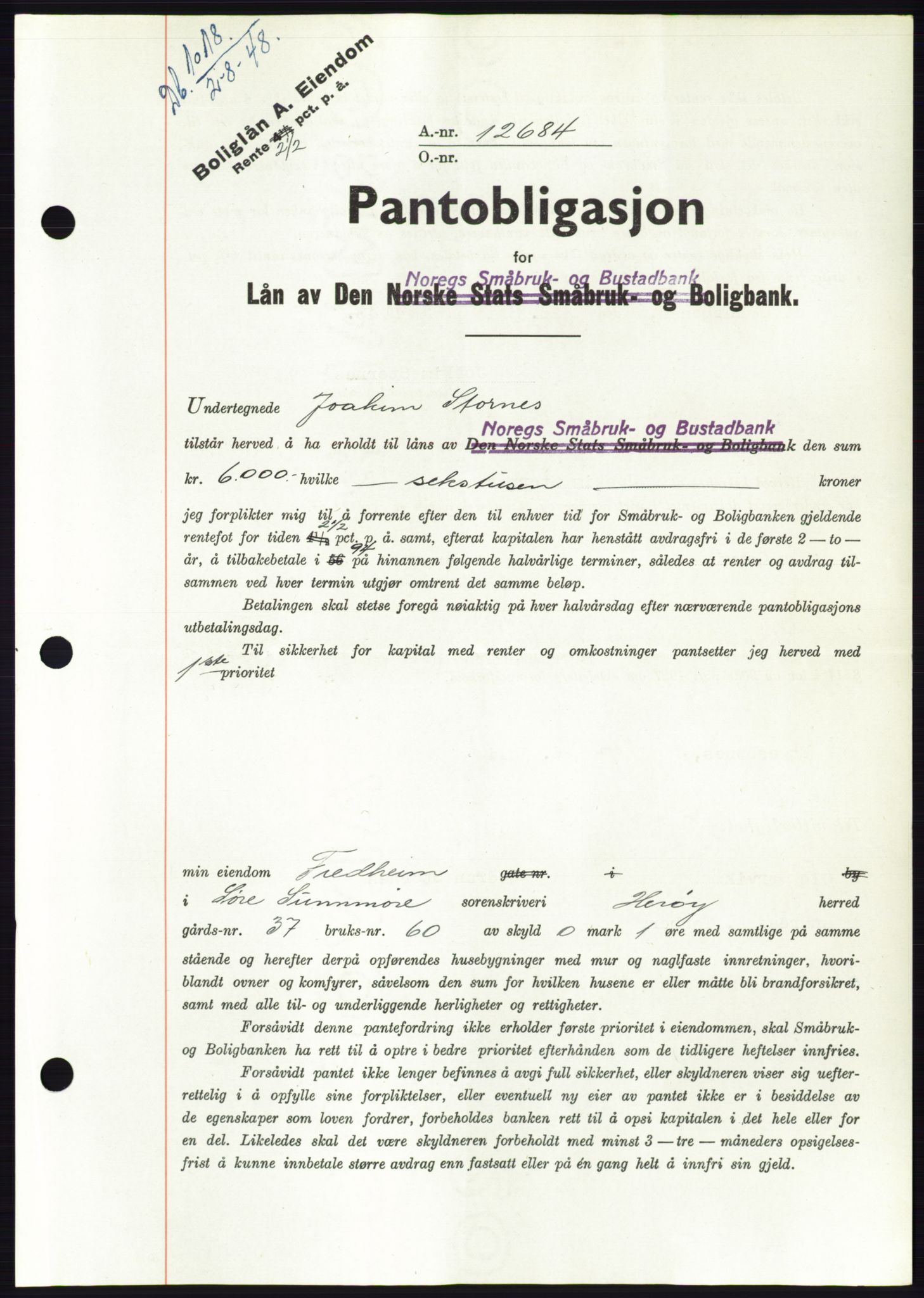 Søre Sunnmøre sorenskriveri, AV/SAT-A-4122/1/2/2C/L0116: Mortgage book no. 4B, 1948-1949, Diary no: : 1018/1948