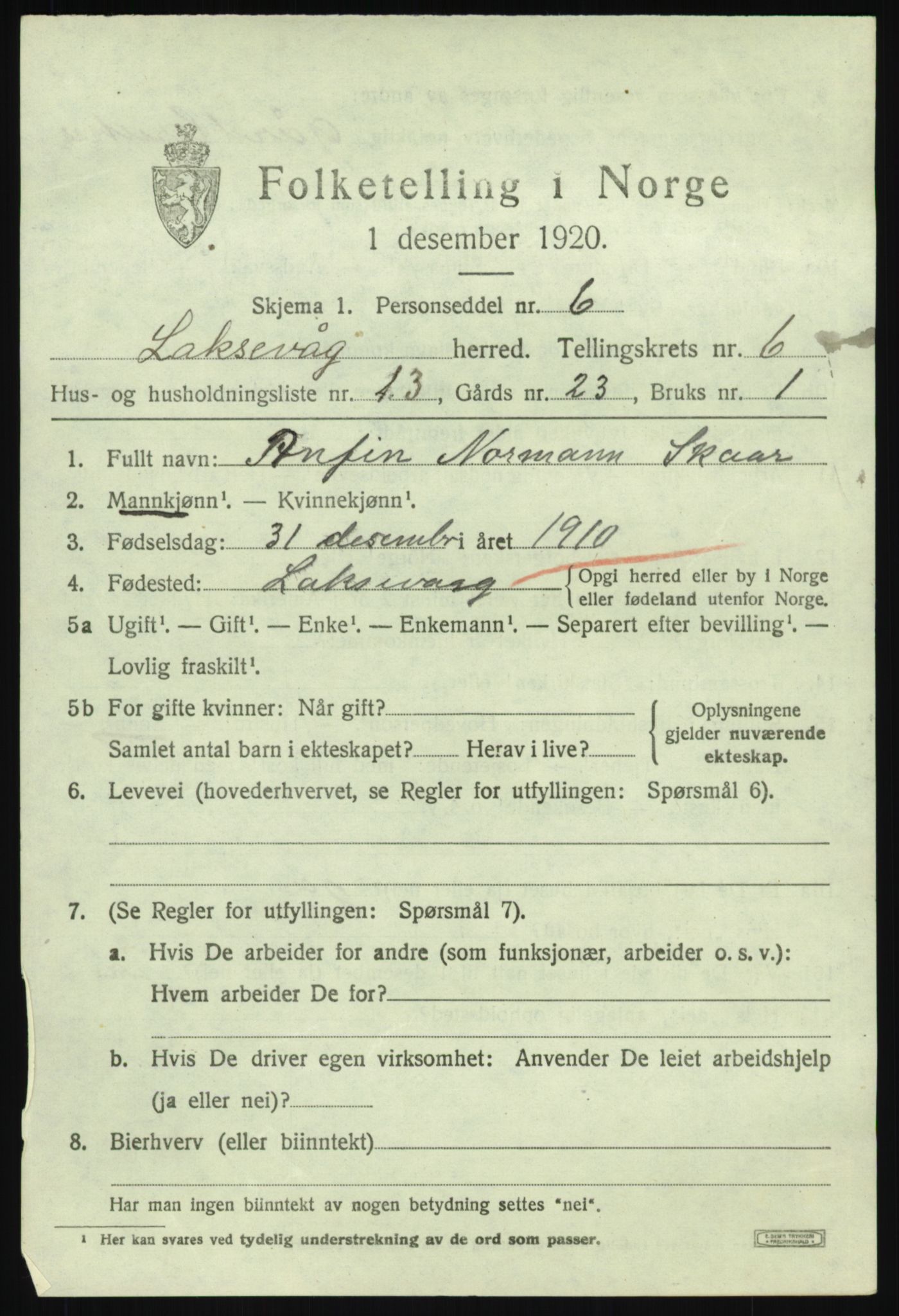 SAB, 1920 census for Laksevåg, 1920, p. 17318