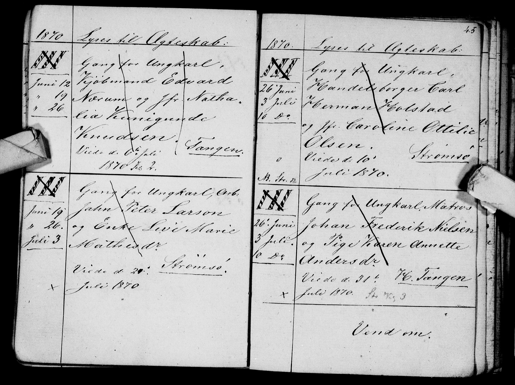 Strømsø kirkebøker, AV/SAKO-A-246/H/Ha/L0003: Banns register no. 3, 1866-1874, p. 45