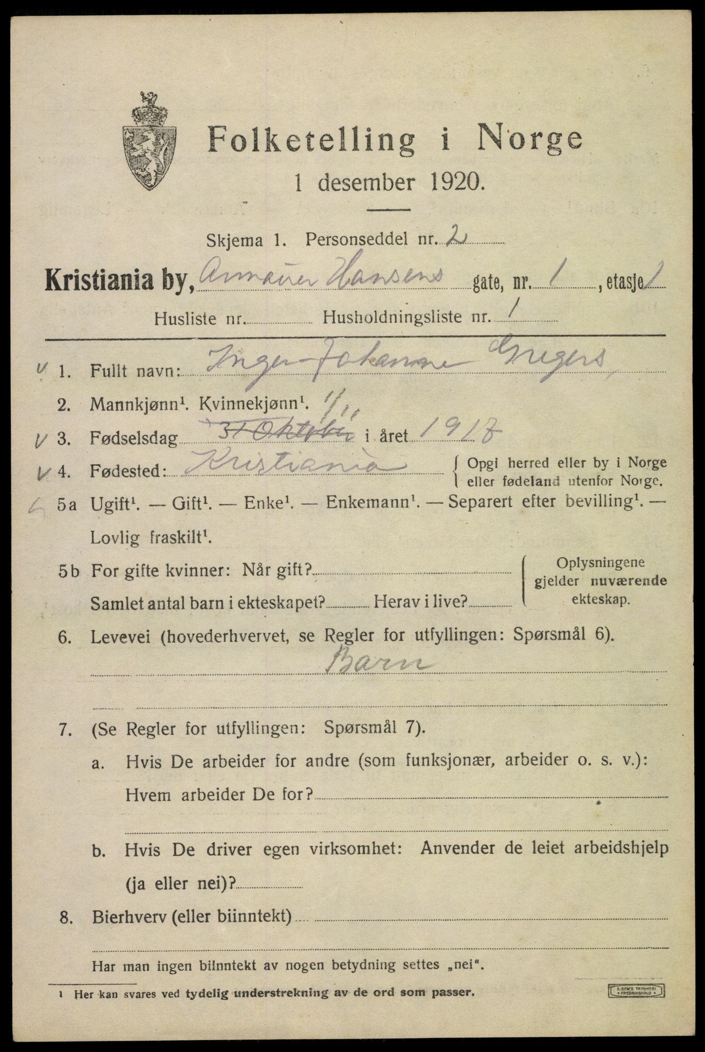 SAO, 1920 census for Kristiania, 1920, p. 145013