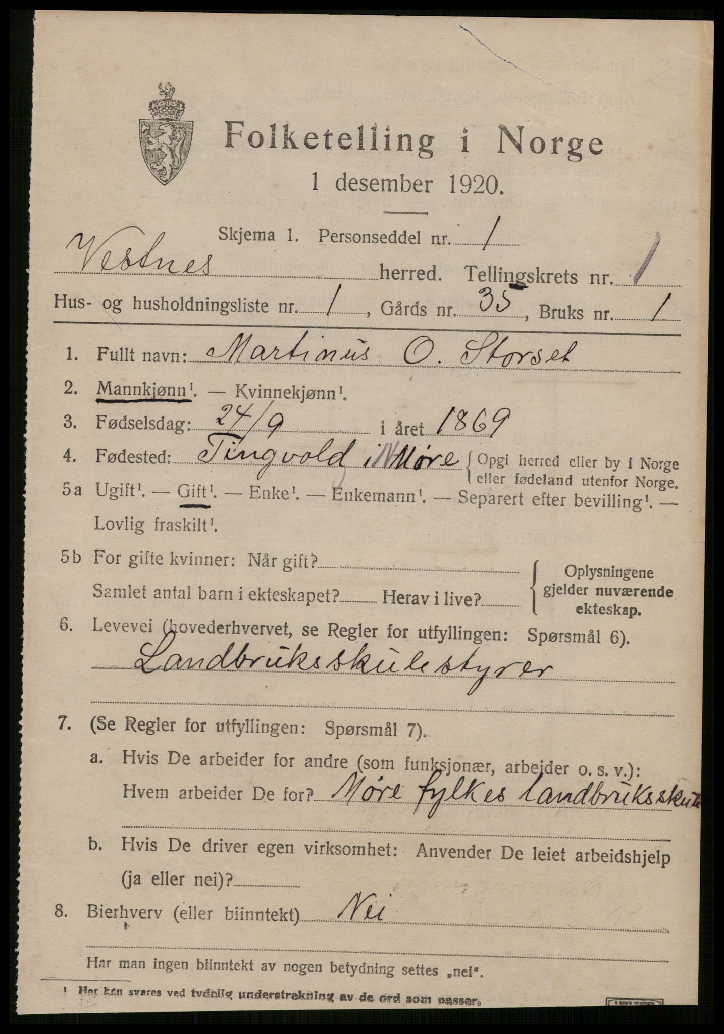SAT, 1920 census for Vestnes, 1920, p. 1135