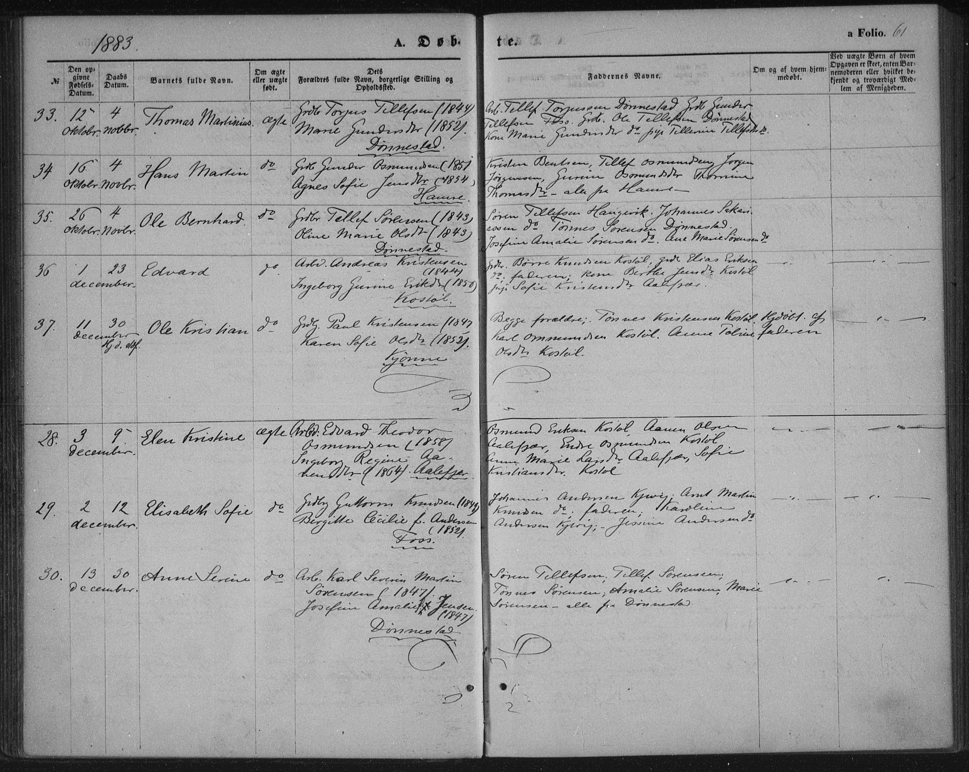 Tveit sokneprestkontor, AV/SAK-1111-0043/F/Fa/L0006: Parish register (official) no. A 6, 1872-1886, p. 61