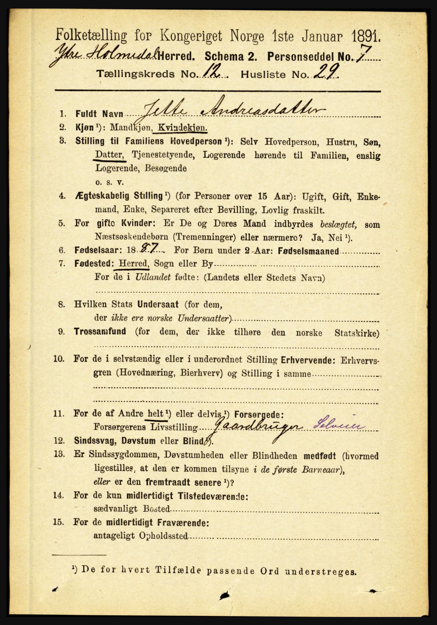 RA, 1891 census for 1429 Ytre Holmedal, 1891, p. 3372