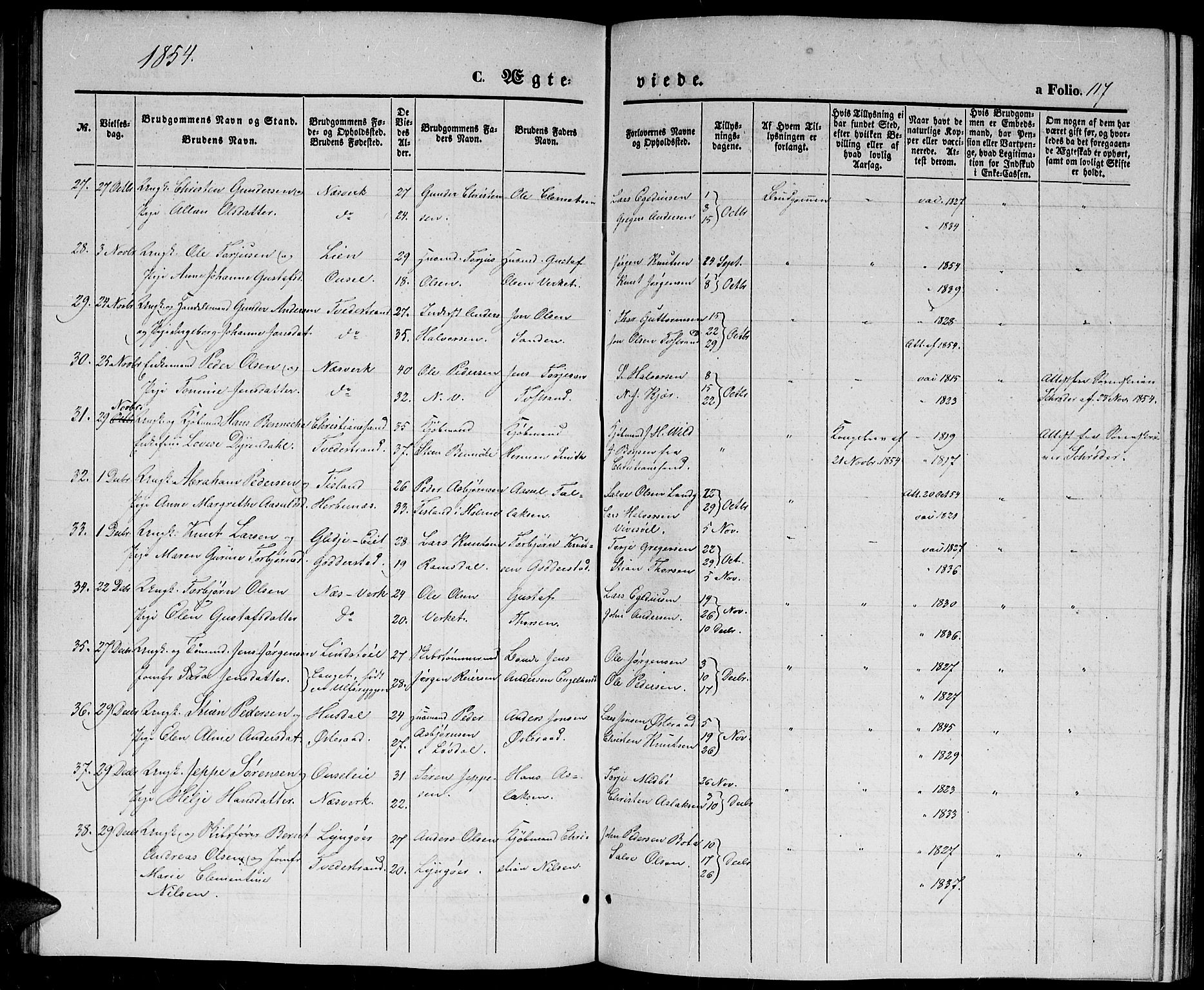 Holt sokneprestkontor, AV/SAK-1111-0021/F/Fb/L0007: Parish register (copy) no. B 7, 1849-1858, p. 117