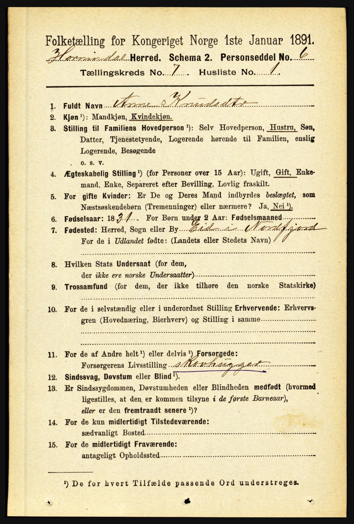 RA, 1891 census for 1444 Hornindal, 1891, p. 1752