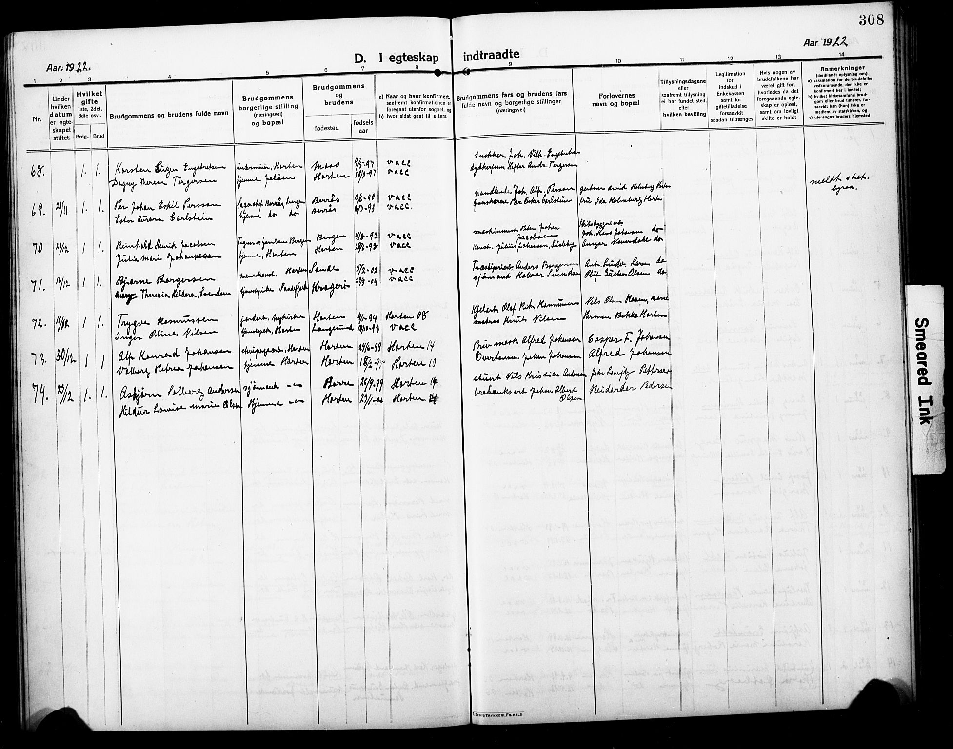 Horten kirkebøker, SAKO/A-348/G/Ga/L0008: Parish register (copy) no. 8, 1916-1926, p. 308