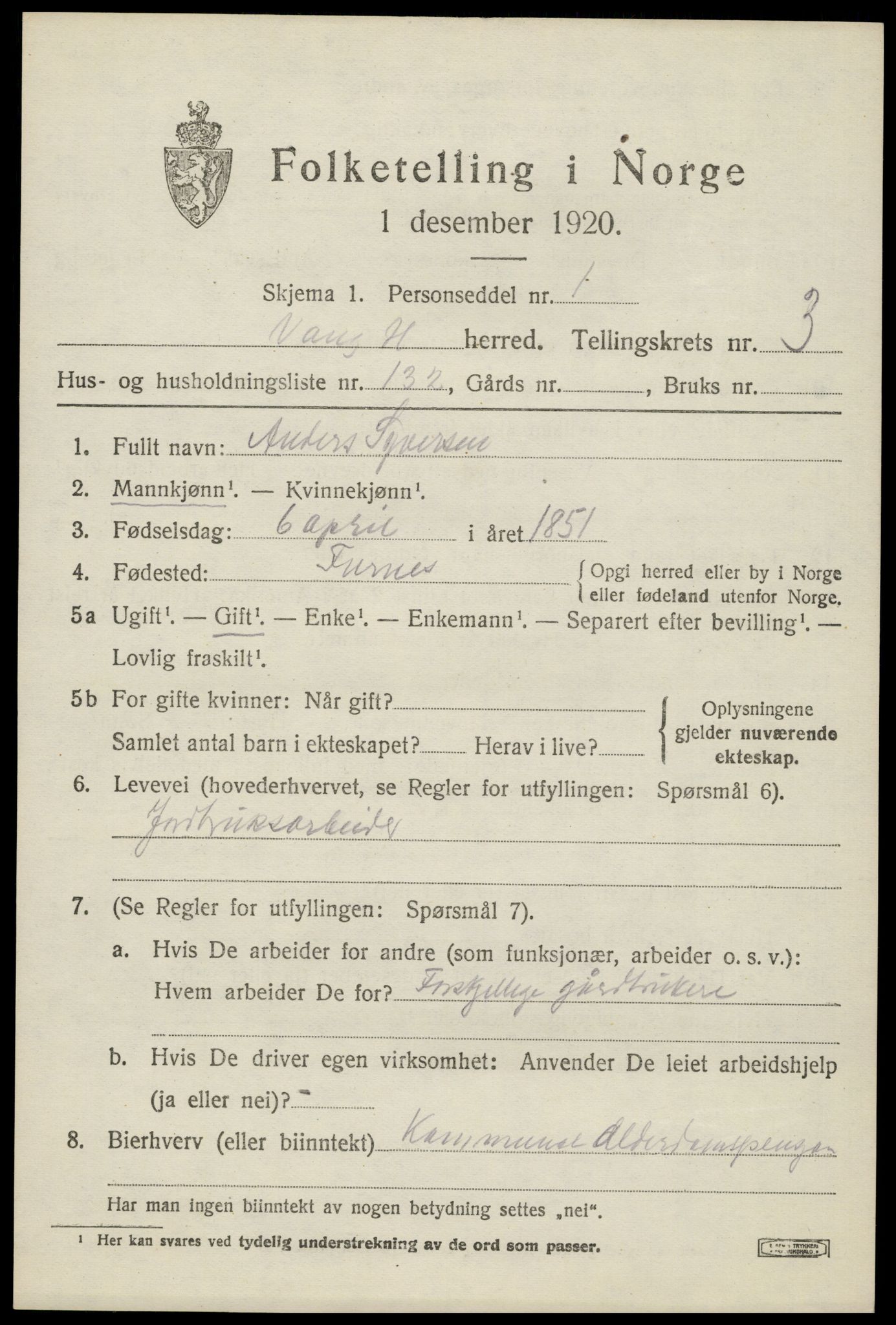 SAH, 1920 census for Vang (Hedmark), 1920, p. 11077