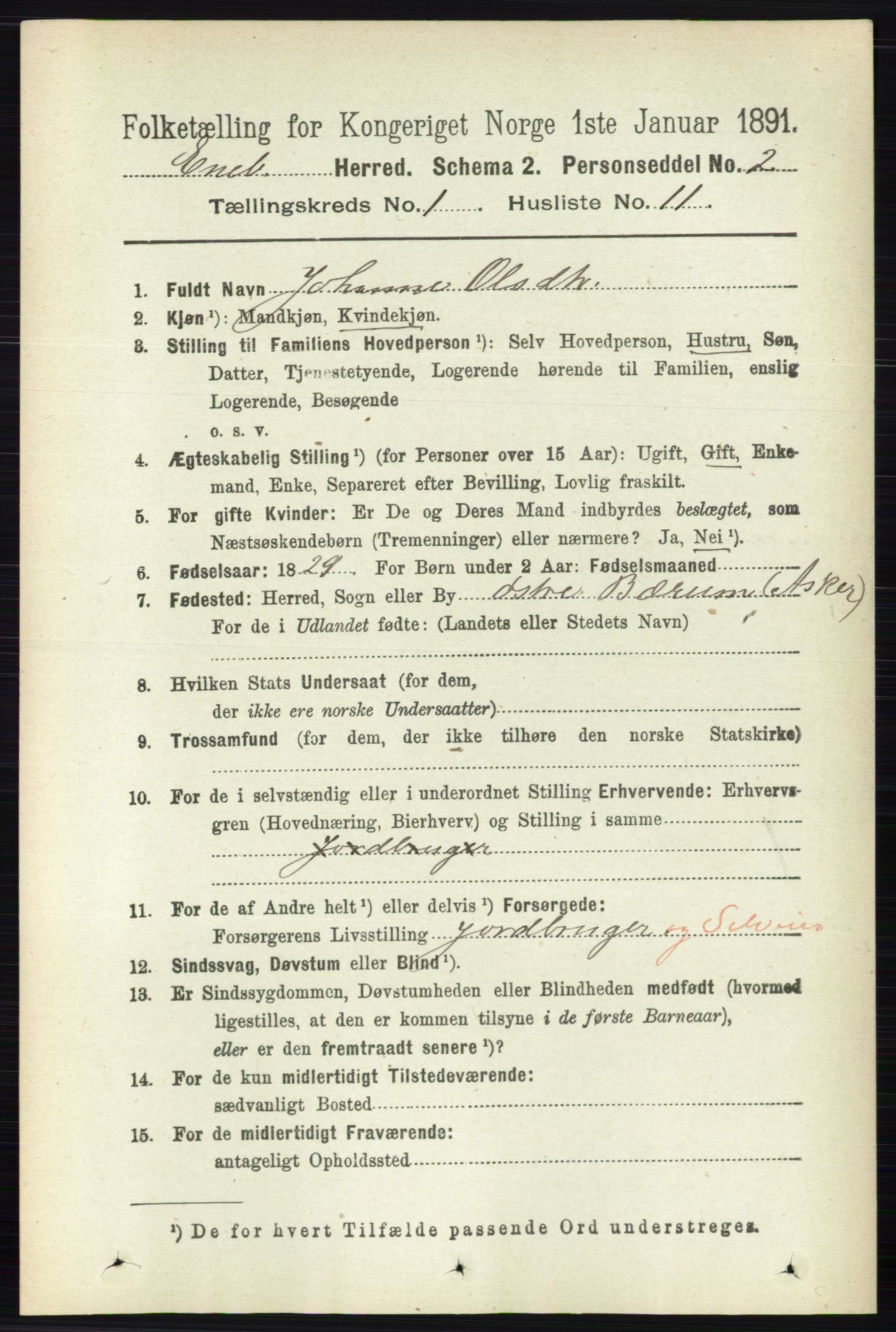 RA, 1891 census for 0229 Enebakk, 1891, p. 188