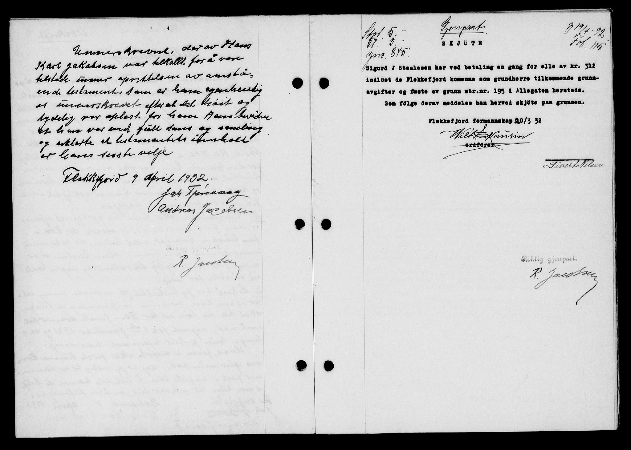 Flekkefjord sorenskriveri, SAK/1221-0001/G/Gb/Gba/L0047: Mortgage book no. 45, 1931-1932, Deed date: 19.04.1932