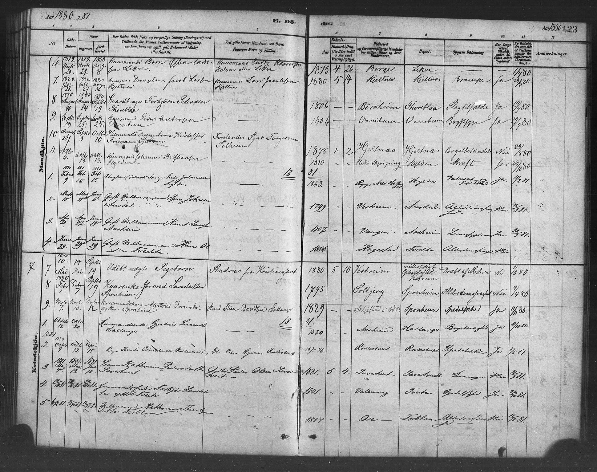 Ulvik sokneprestembete, SAB/A-78801/H/Haa: Parish register (official) no. B 1, 1878-1897, p. 123