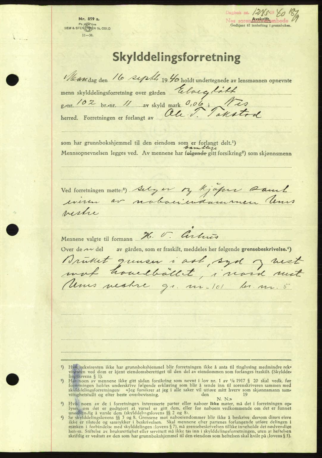 Nes tingrett, SAO/A-10548/G/Gb/Gbb/L0010: Mortgage book no. 54, 1939-1940, Diary no: : 1245/1940