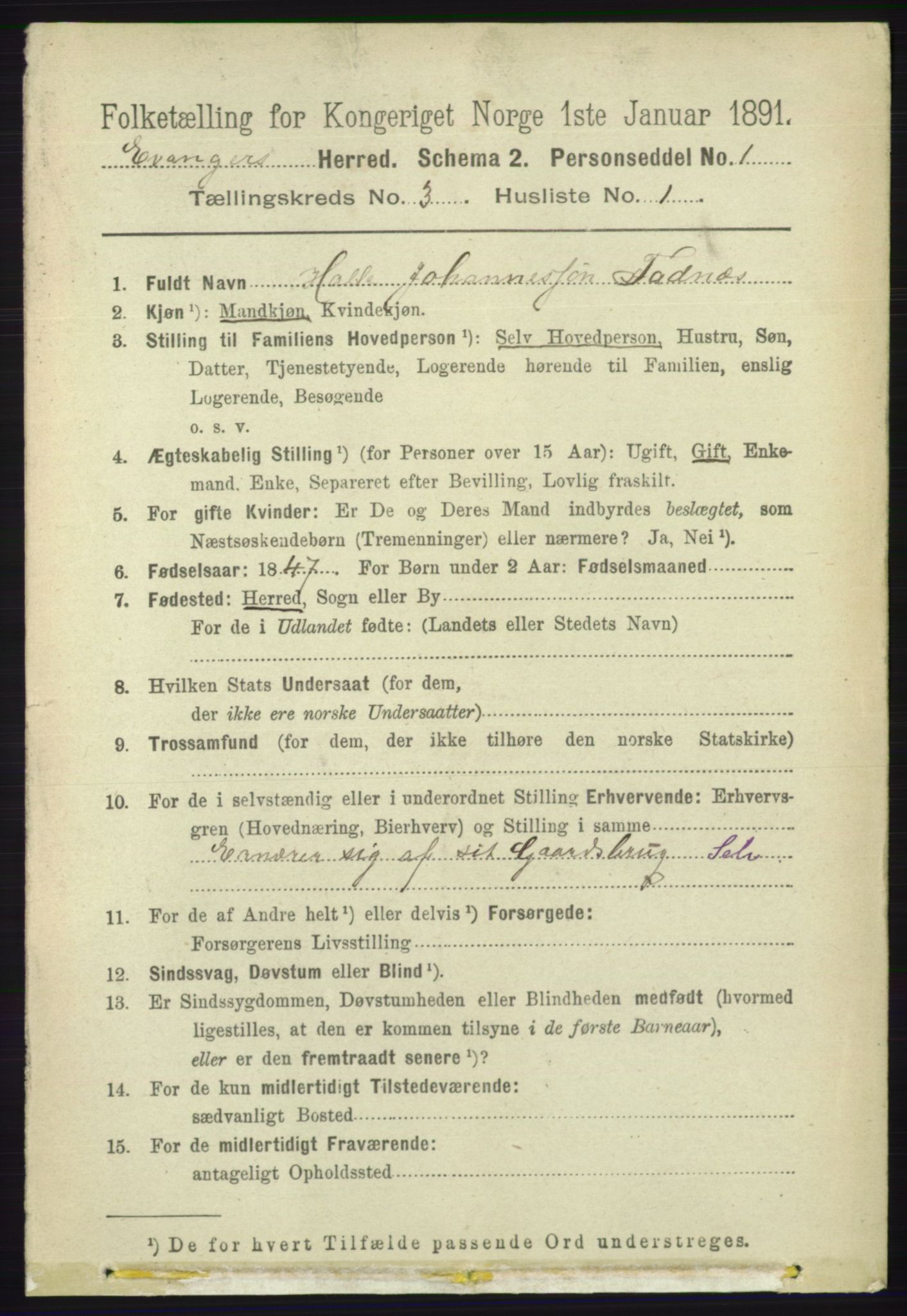 RA, 1891 census for 1237 Evanger, 1891, p. 852