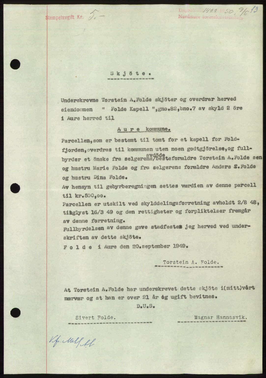 Nordmøre sorenskriveri, AV/SAT-A-4132/1/2/2Ca: Mortgage book no. A115, 1950-1950, Diary no: : 1422/1950