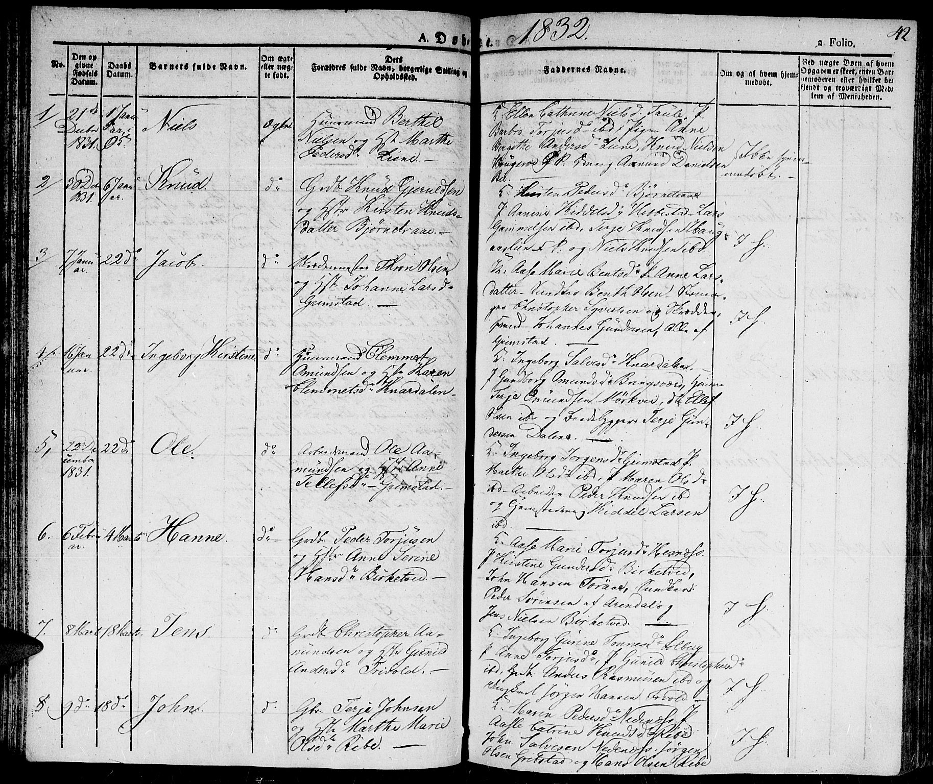 Fjære sokneprestkontor, SAK/1111-0011/F/Fa/L0002: Parish register (official) no. A 2, 1827-1839, p. 42