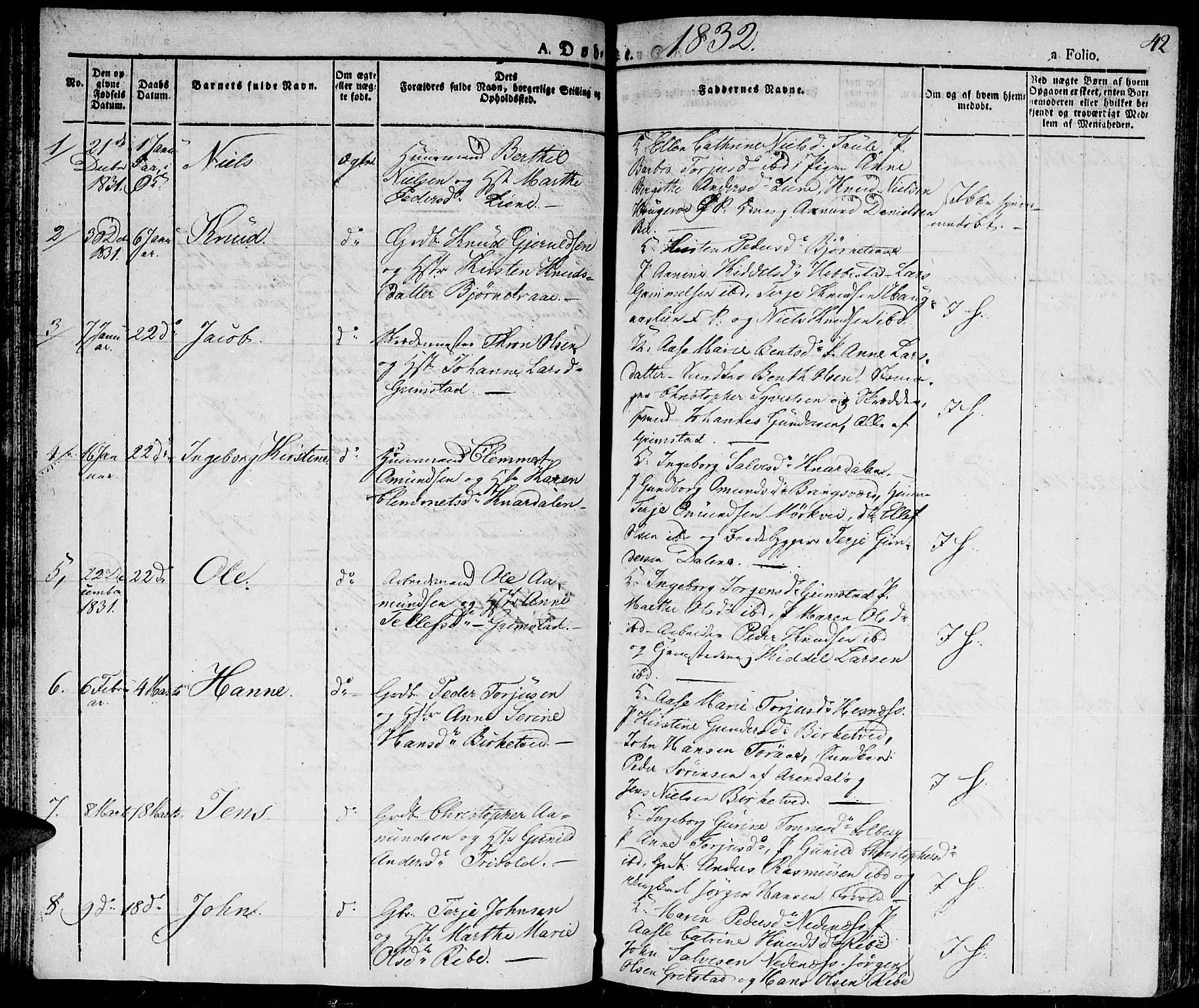 Fjære sokneprestkontor, AV/SAK-1111-0011/F/Fa/L0002: Parish register (official) no. A 2, 1827-1839, p. 42