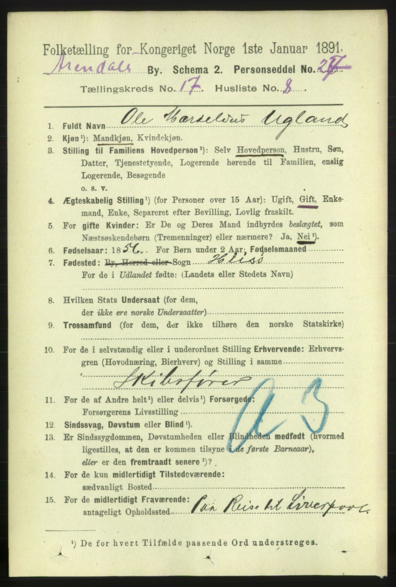 RA, 1891 census for 0903 Arendal, 1891, p. 5715