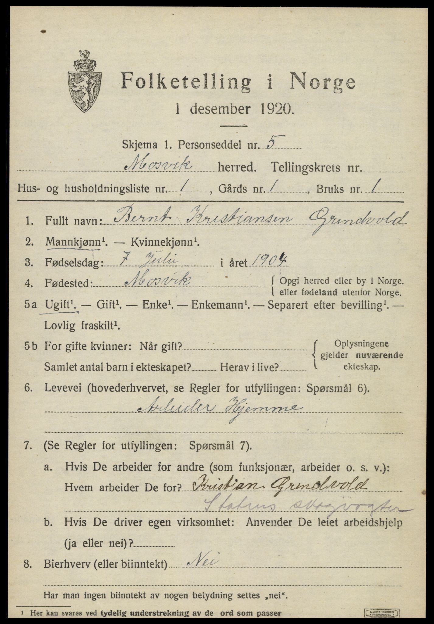 SAT, 1920 census for Mosvik, 1920, p. 382