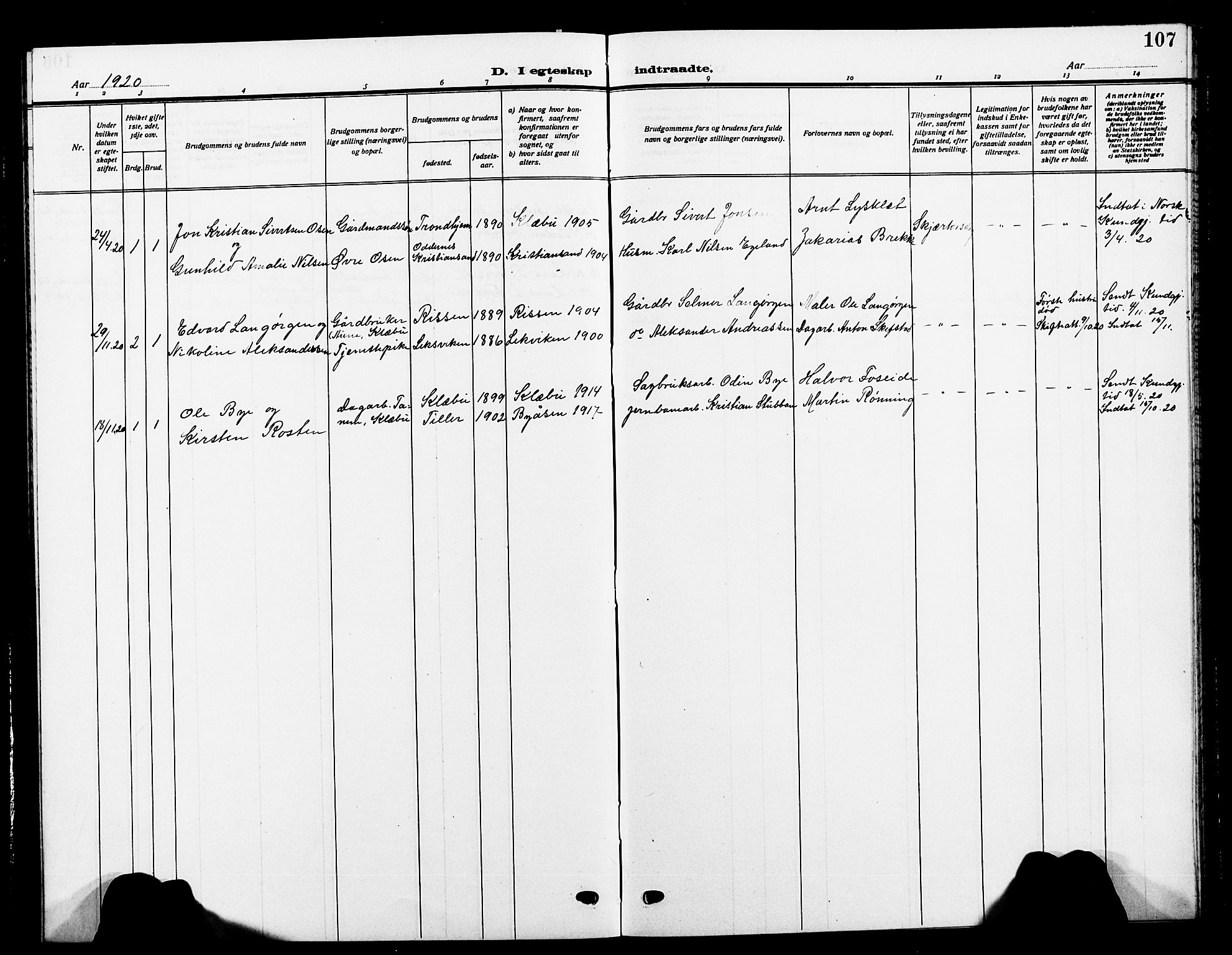Ministerialprotokoller, klokkerbøker og fødselsregistre - Sør-Trøndelag, SAT/A-1456/618/L0453: Parish register (copy) no. 618C04, 1907-1925, p. 107