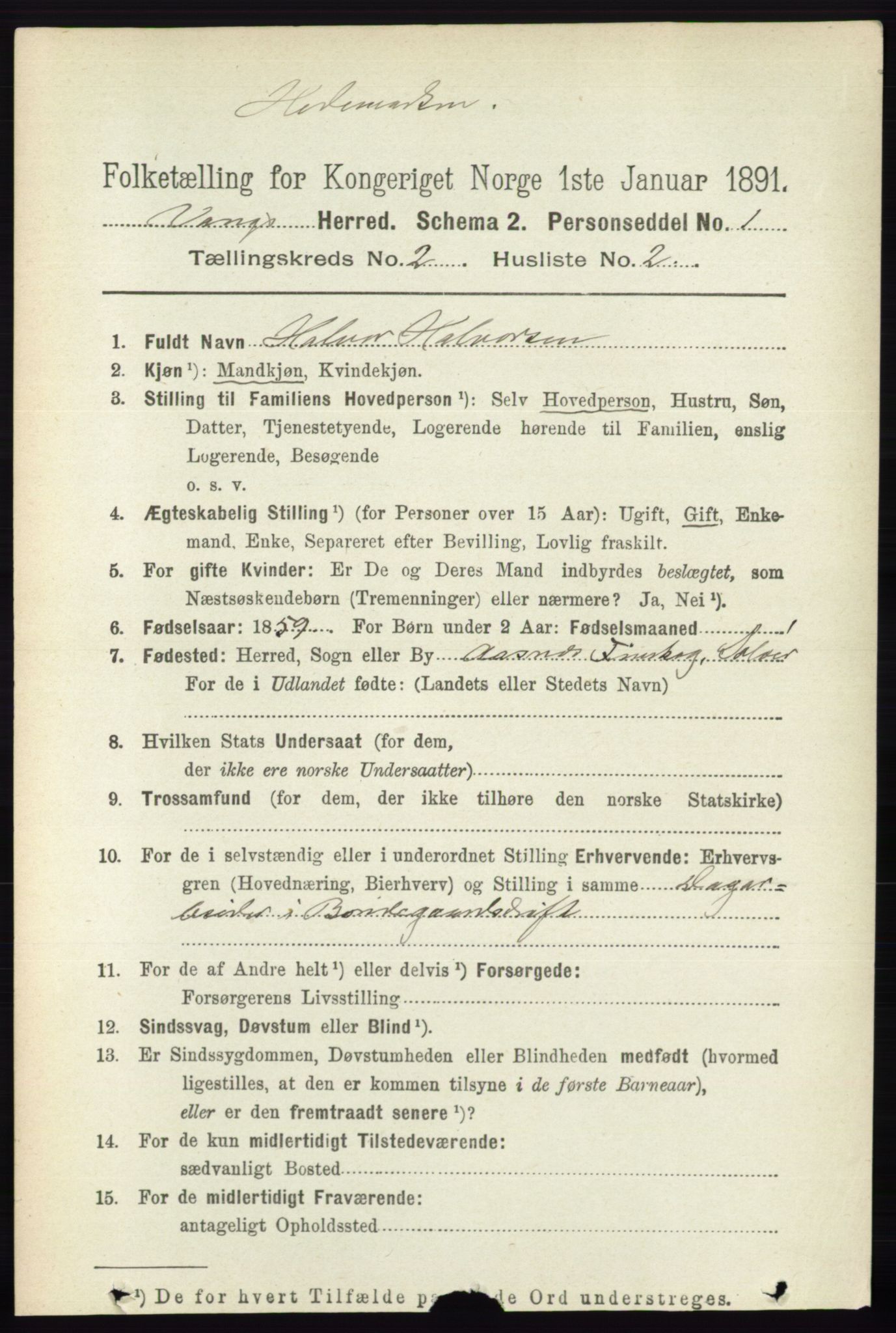 RA, 1891 census for 0414 Vang, 1891, p. 1043