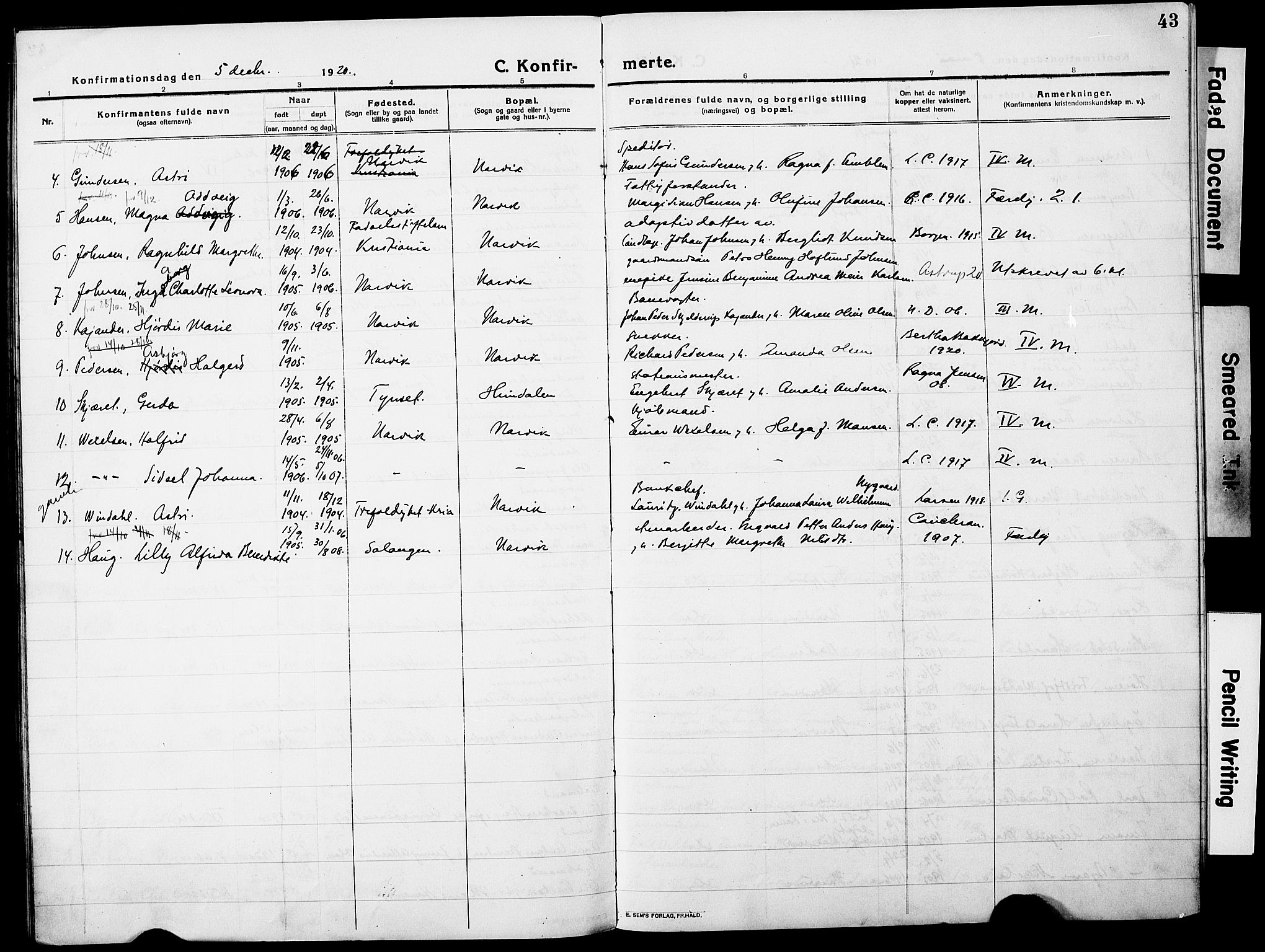 Ministerialprotokoller, klokkerbøker og fødselsregistre - Nordland, AV/SAT-A-1459/871/L0989: Parish register (official) no. 871A05, 1915-1922, p. 43