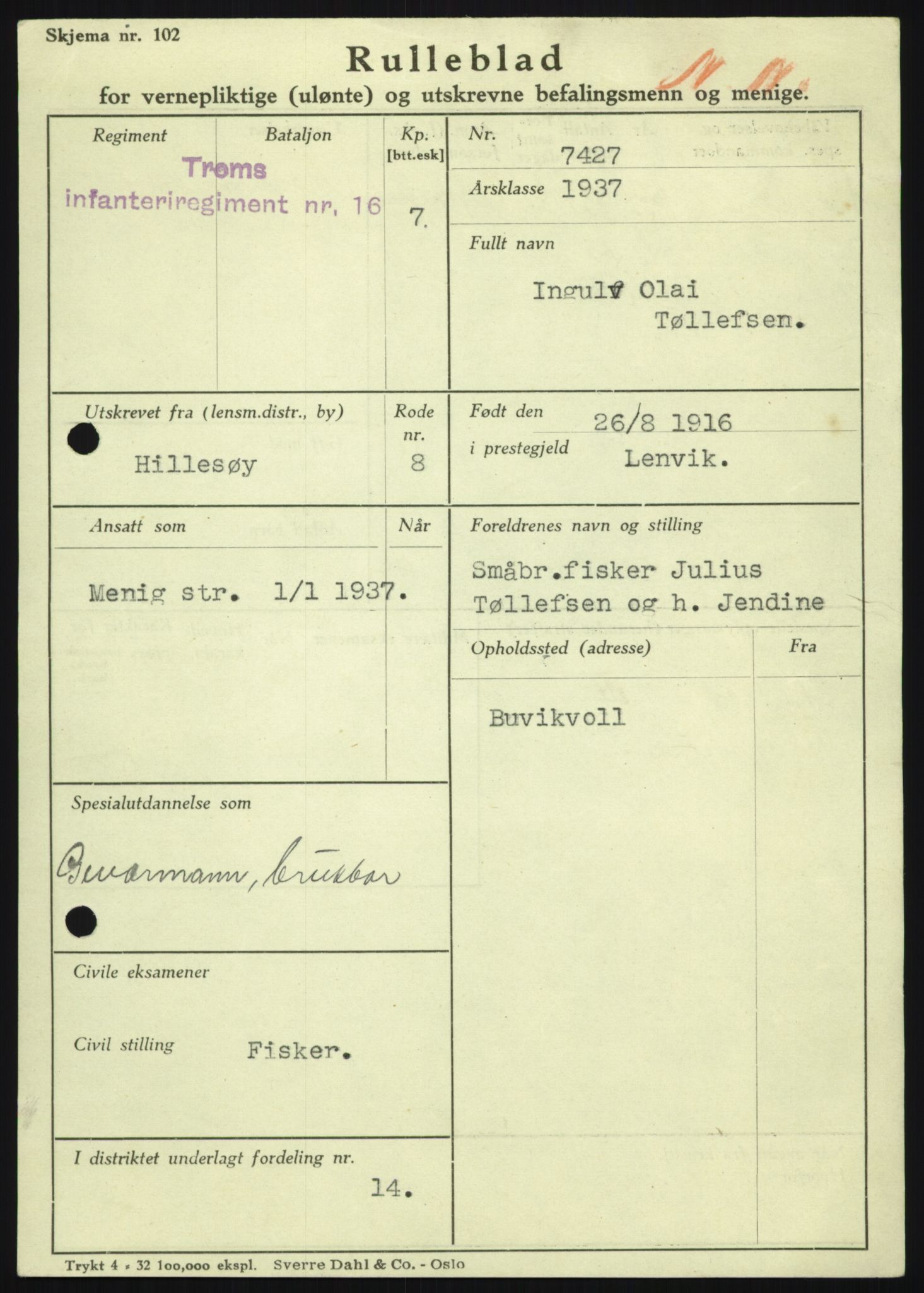 Forsvaret, Troms infanteriregiment nr. 16, AV/RA-RAFA-3146/P/Pa/L0021: Rulleblad for regimentets menige mannskaper, årsklasse 1937, 1937, p. 1187