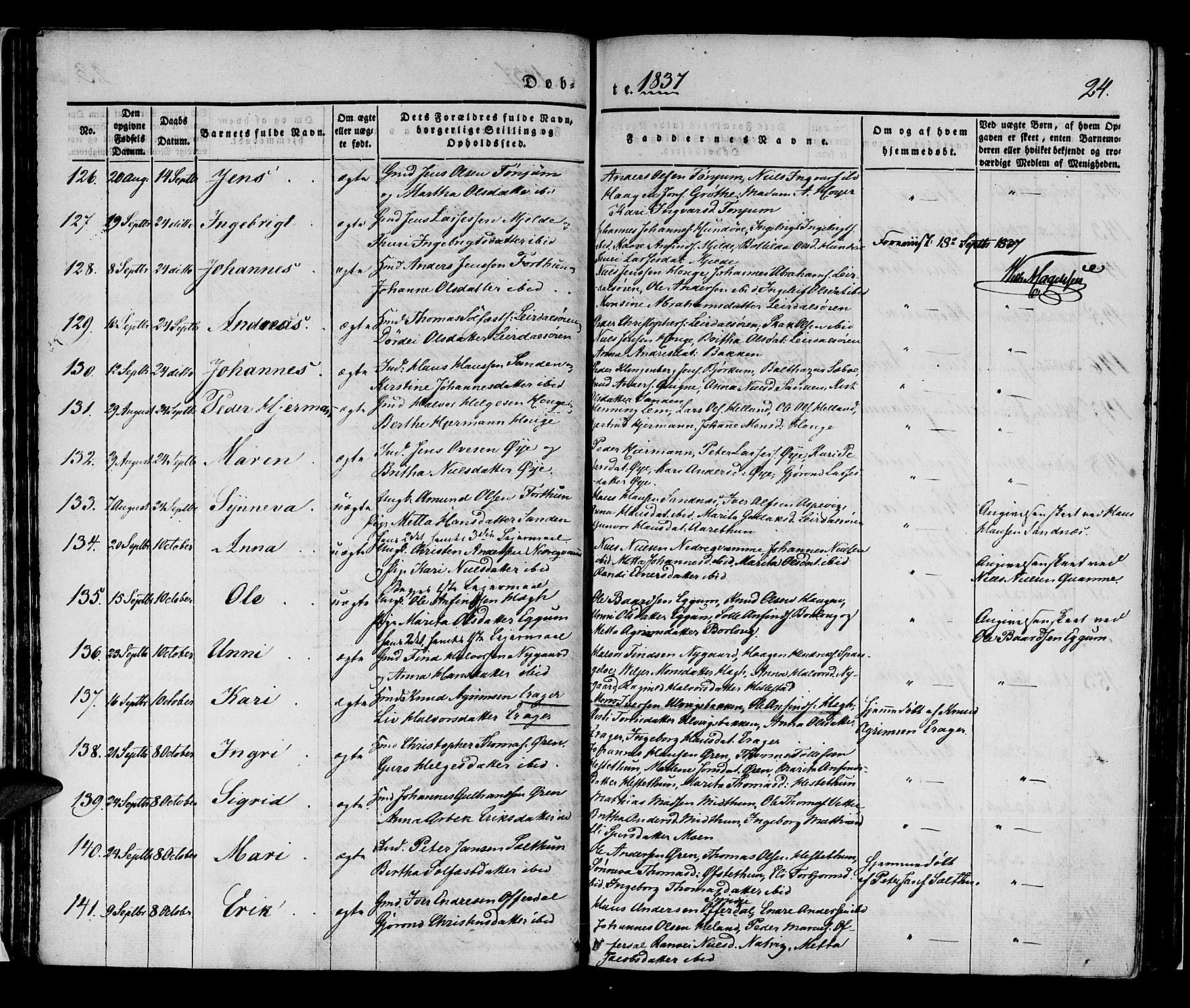 Lærdal sokneprestembete, SAB/A-81201: Parish register (official) no. A 6, 1835-1849, p. 24