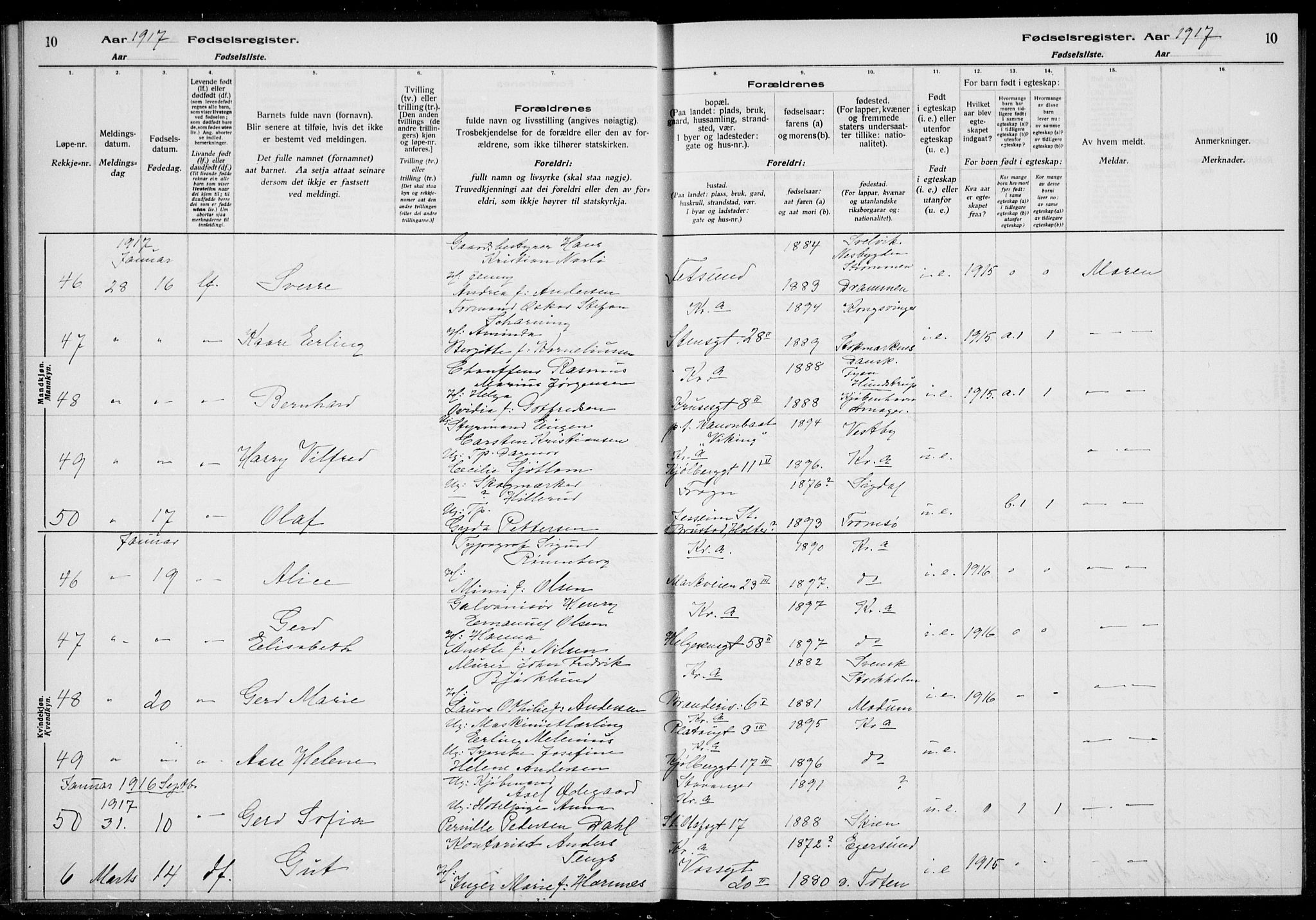 Rikshospitalet prestekontor Kirkebøker, AV/SAO-A-10309b/J/L0002: Birth register no. 2, 1917-1917, p. 10