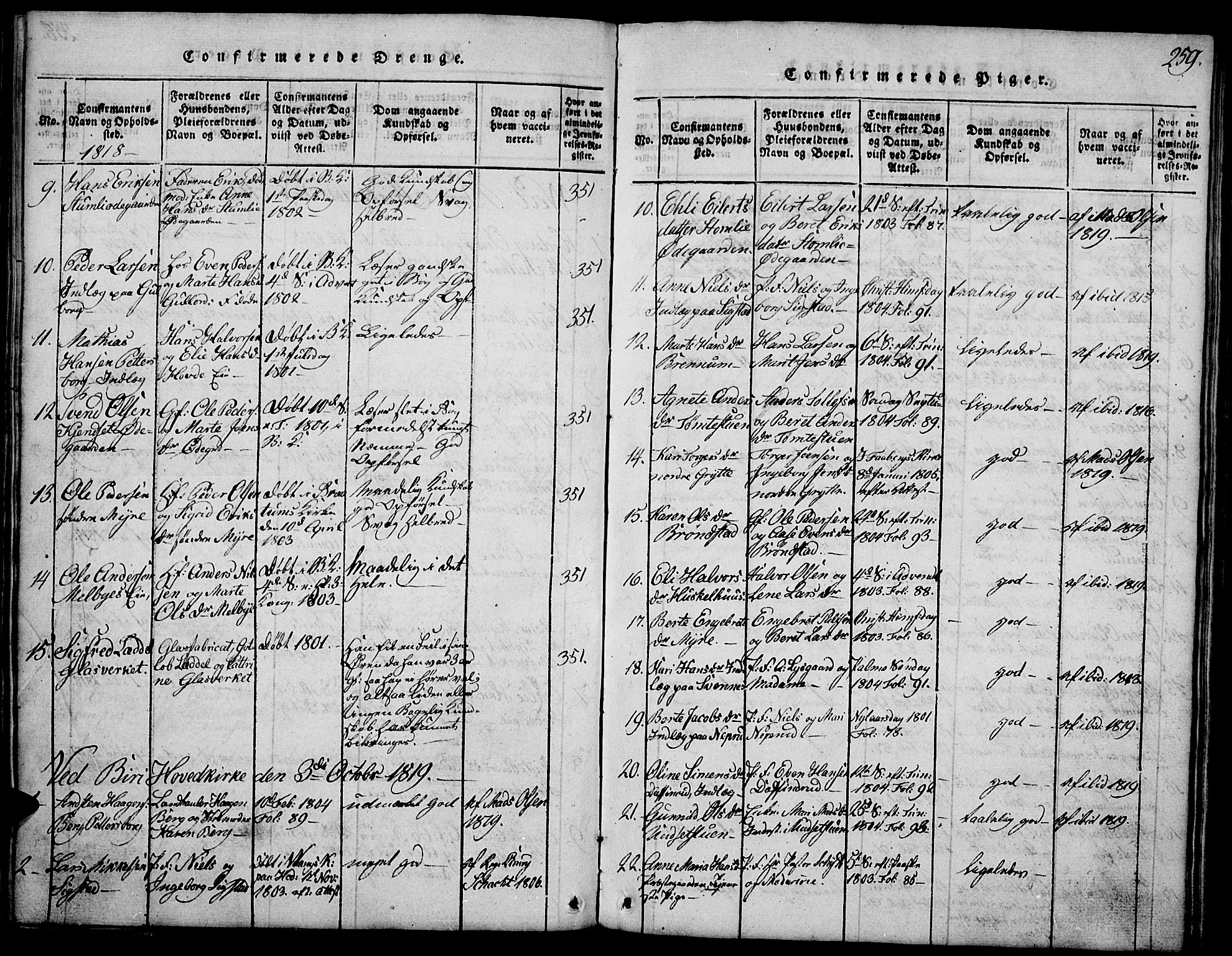 Biri prestekontor, SAH/PREST-096/H/Ha/Hab/L0001: Parish register (copy) no. 1, 1814-1828, p. 259