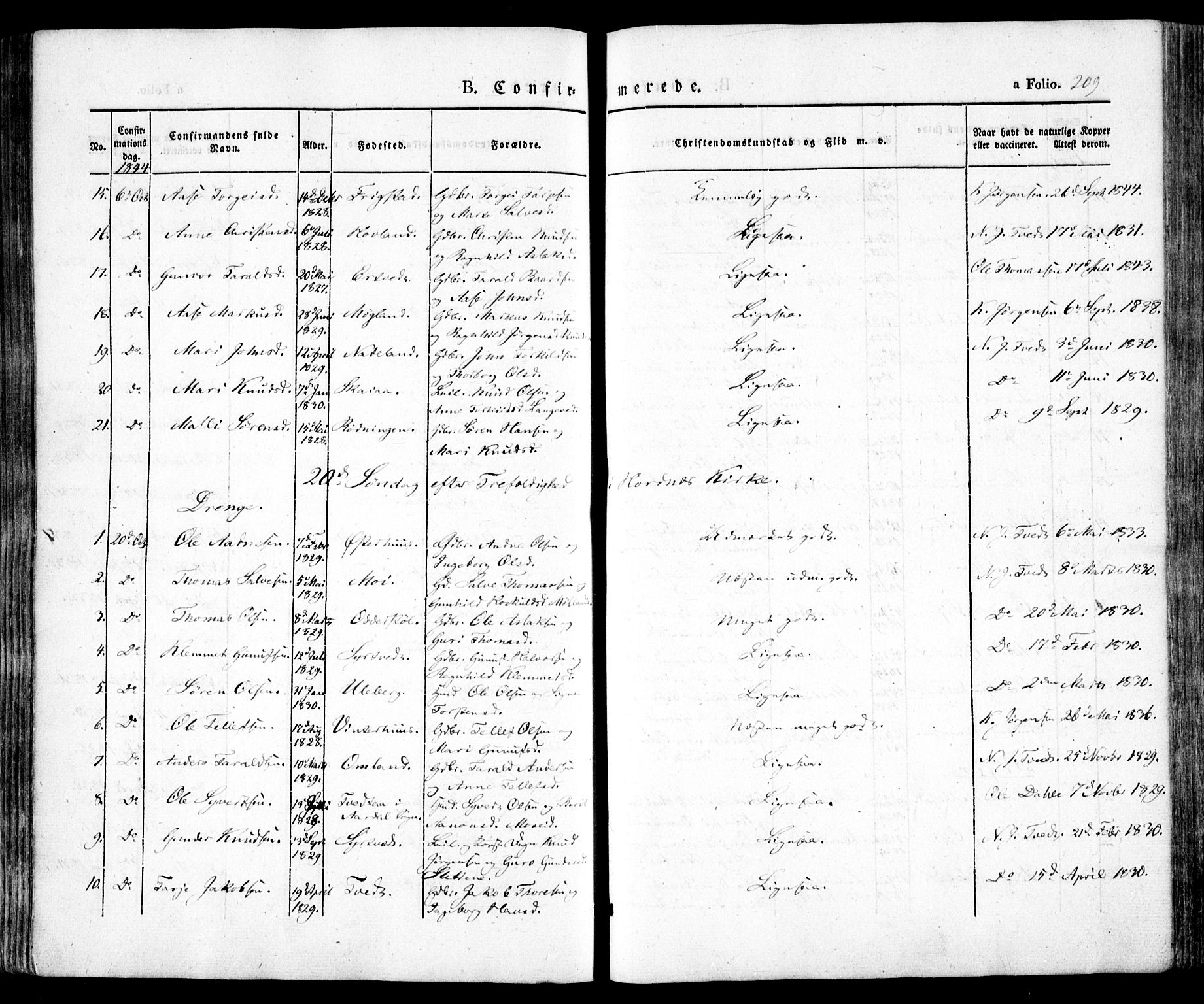 Evje sokneprestkontor, AV/SAK-1111-0008/F/Fa/Faa/L0005: Parish register (official) no. A 5, 1843-1865, p. 209