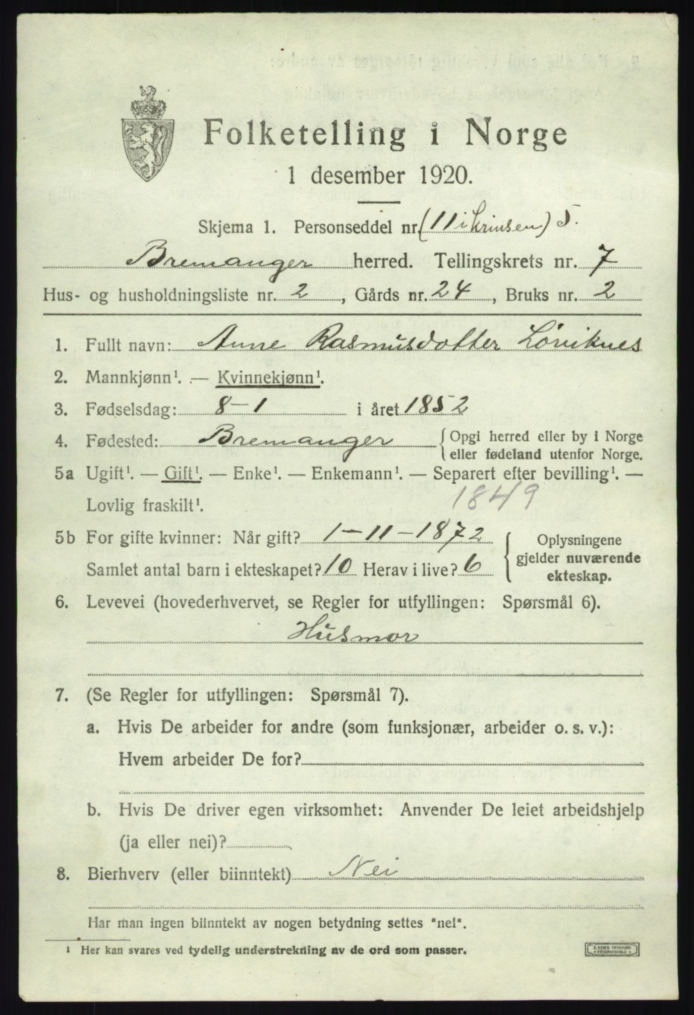 SAB, 1920 census for Bremanger, 1920, p. 4422