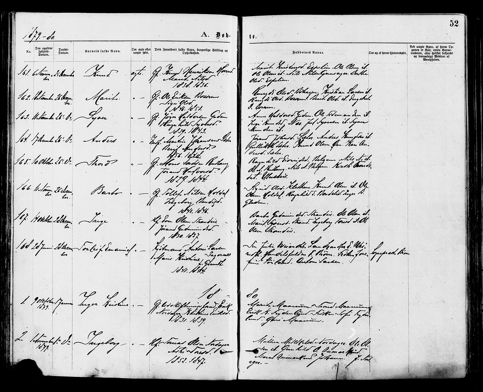 Nord-Aurdal prestekontor, SAH/PREST-132/H/Ha/Haa/L0009: Parish register (official) no. 9, 1876-1882, p. 52