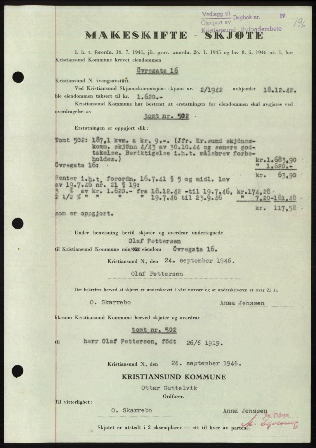 Kristiansund byfogd, AV/SAT-A-4587/A/27: Mortgage book no. 39b, 1946-1947, Diary no: : 1046/1946