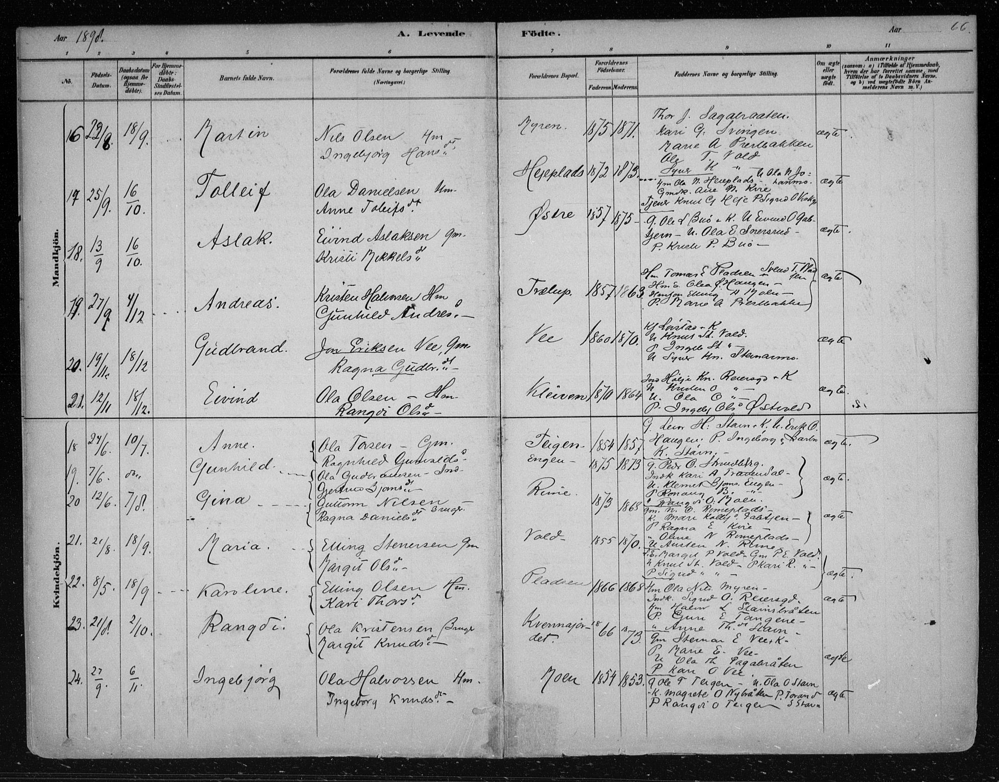 Nes kirkebøker, AV/SAKO-A-236/F/Fa/L0012: Parish register (official) no. 12, 1881-1917, p. 66