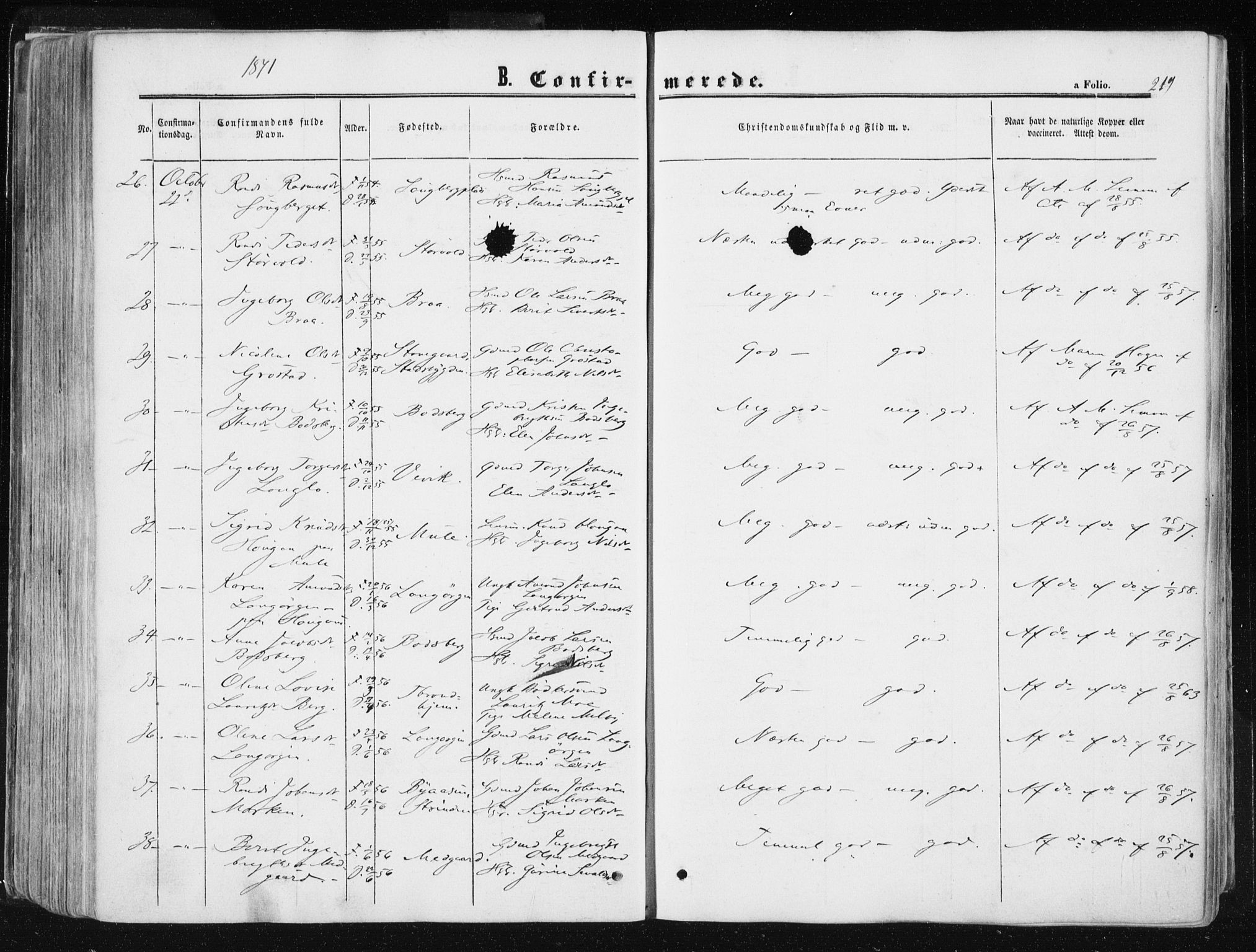 Ministerialprotokoller, klokkerbøker og fødselsregistre - Sør-Trøndelag, SAT/A-1456/612/L0377: Parish register (official) no. 612A09, 1859-1877, p. 219