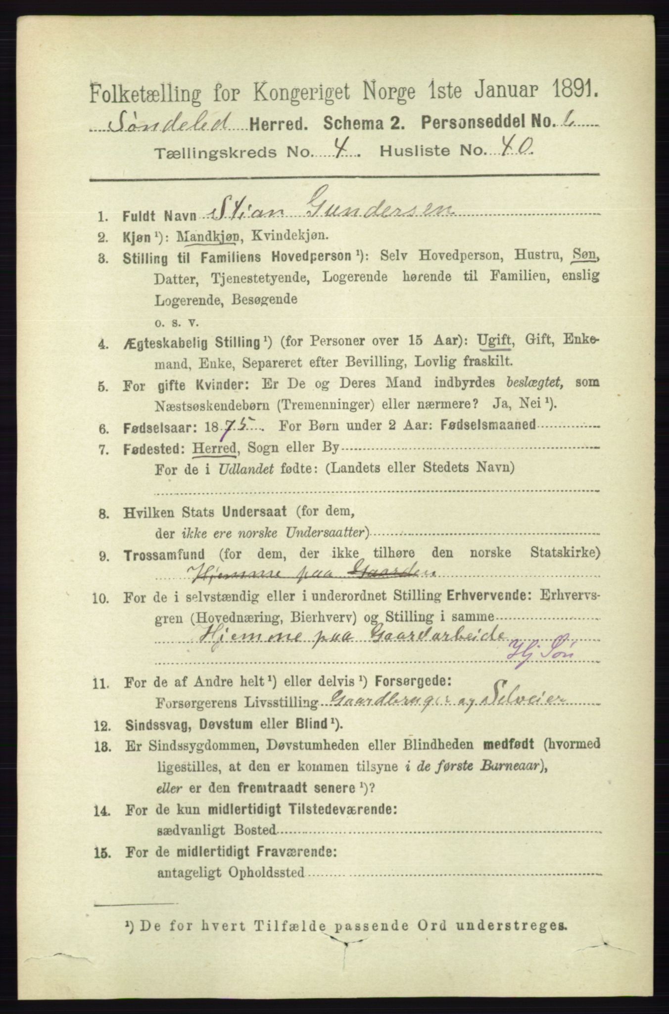 RA, 1891 census for 0913 Søndeled, 1891, p. 1130