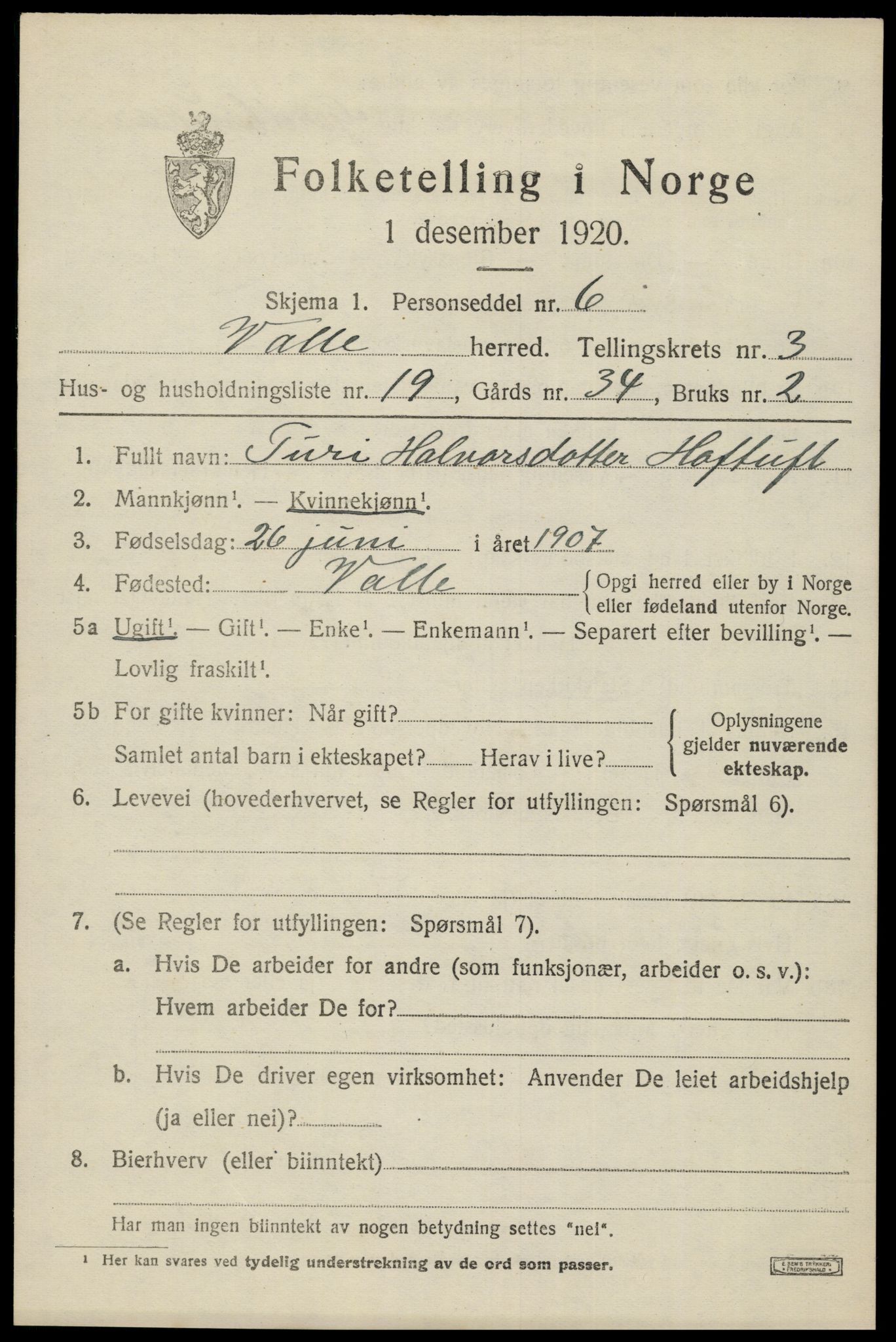 SAK, 1920 census for Valle, 1920, p. 1763