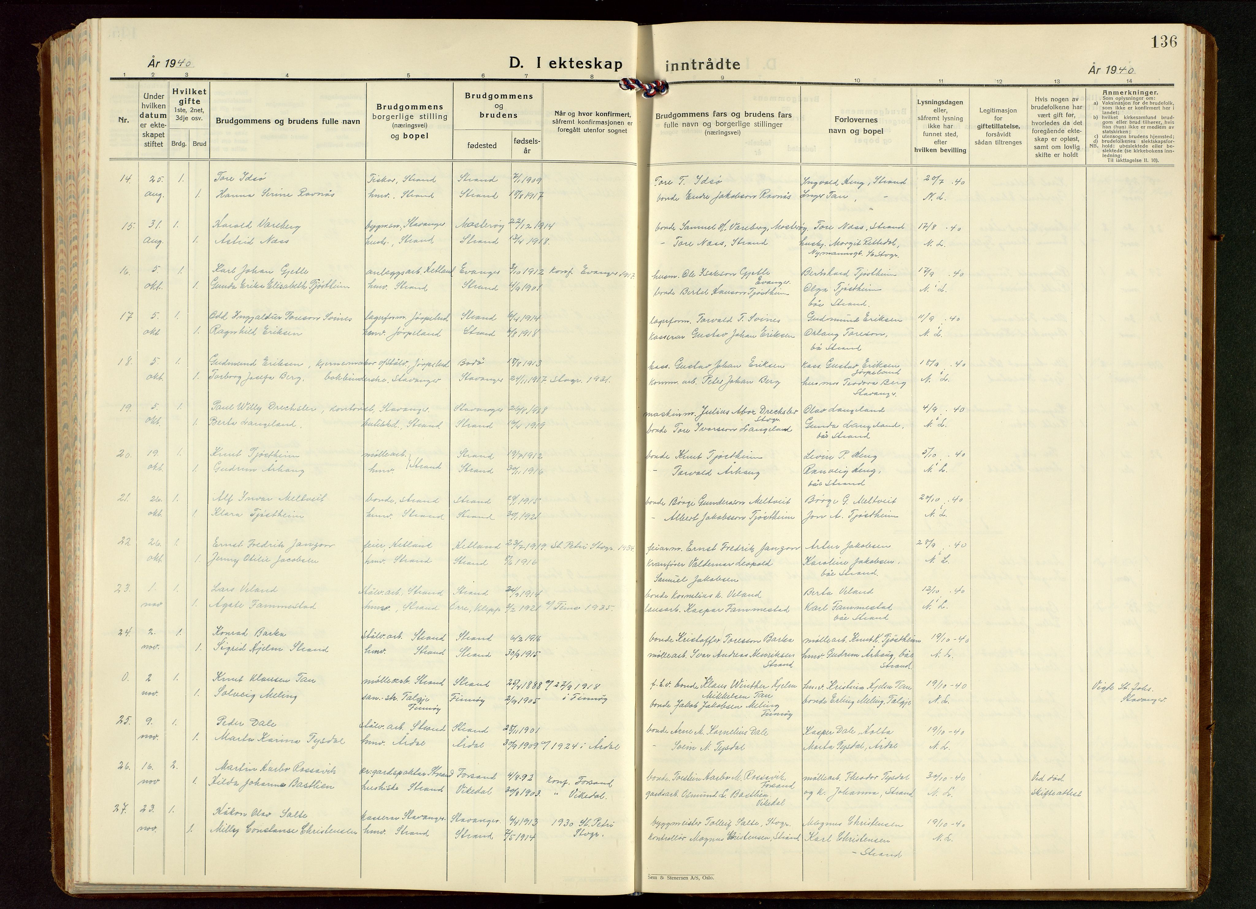 Strand sokneprestkontor, AV/SAST-A-101828/H/Ha/Hab/L0006: Parish register (copy) no. B 6, 1933-1950, p. 136