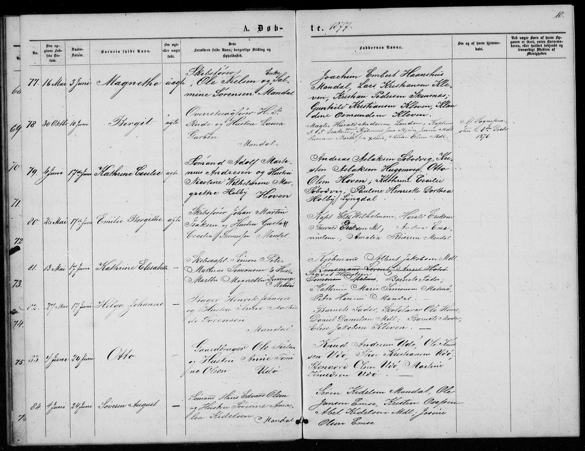 Mandal sokneprestkontor, AV/SAK-1111-0030/F/Fb/Fba/L0010: Parish register (copy) no. B 4, 1876-1880, p. 10