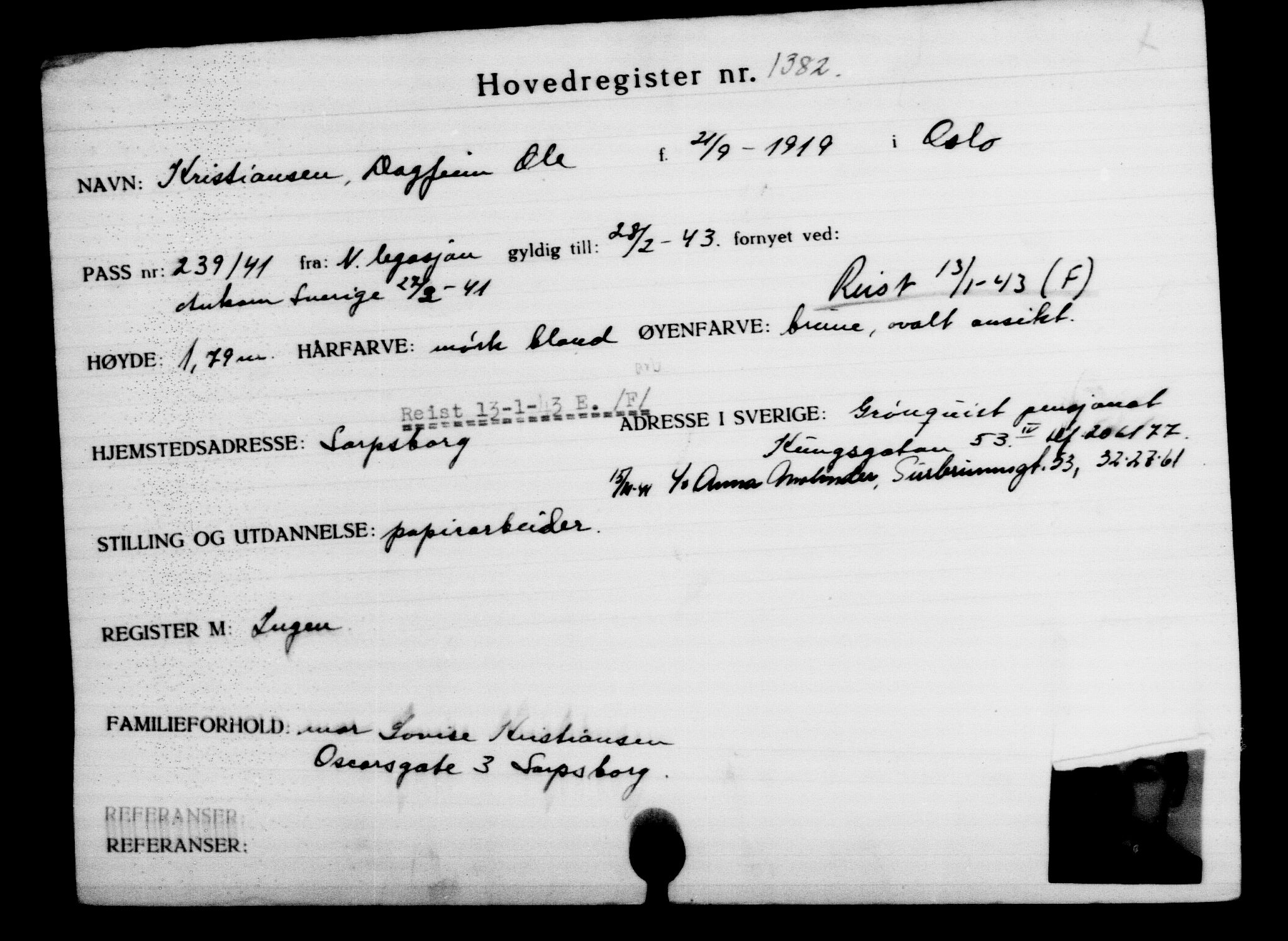 Utenriksstasjonene, Legasjonen i Stockholm, Flyktningkontoret, AV/RA-S-6753/V/Va/L0002: Kjesäterkartoteket, flyktninger med registreringsnr. 1001-2000, 1940-1945, p. 547