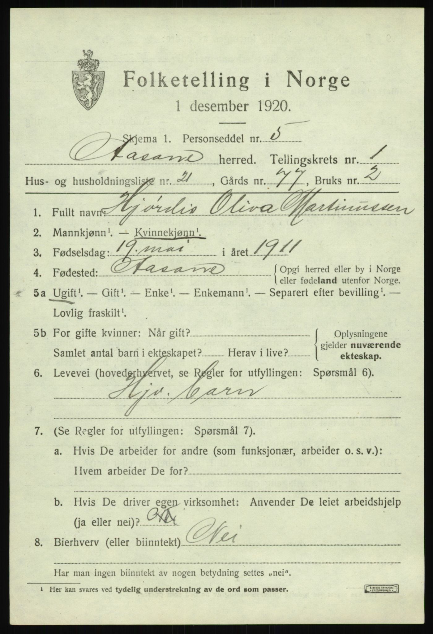 SAB, 1920 census for Åsane, 1920, p. 1121