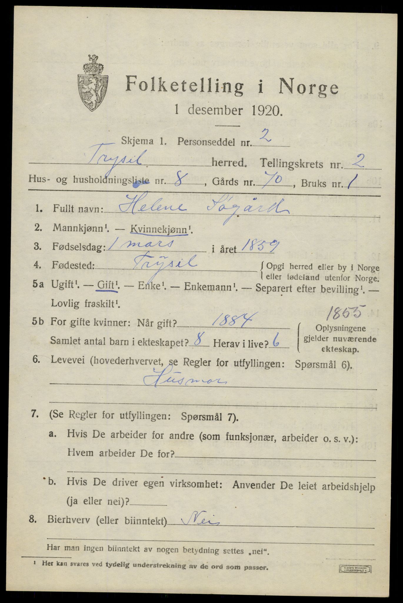 SAH, 1920 census for Trysil, 1920, p. 3169