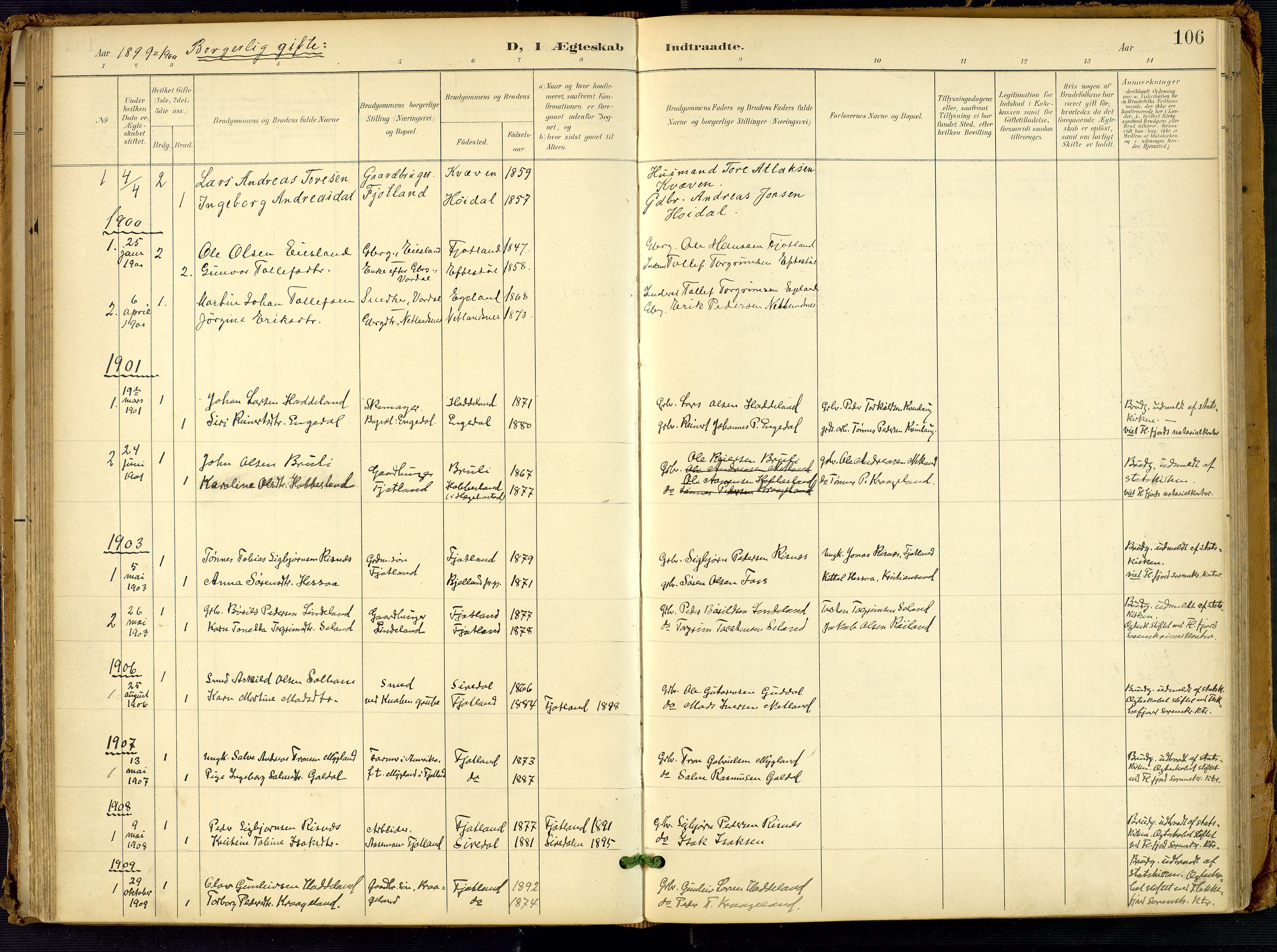 Fjotland sokneprestkontor, SAK/1111-0010/F/Fa/L0003: Parish register (official) no. A 3, 1899-1917, p. 106