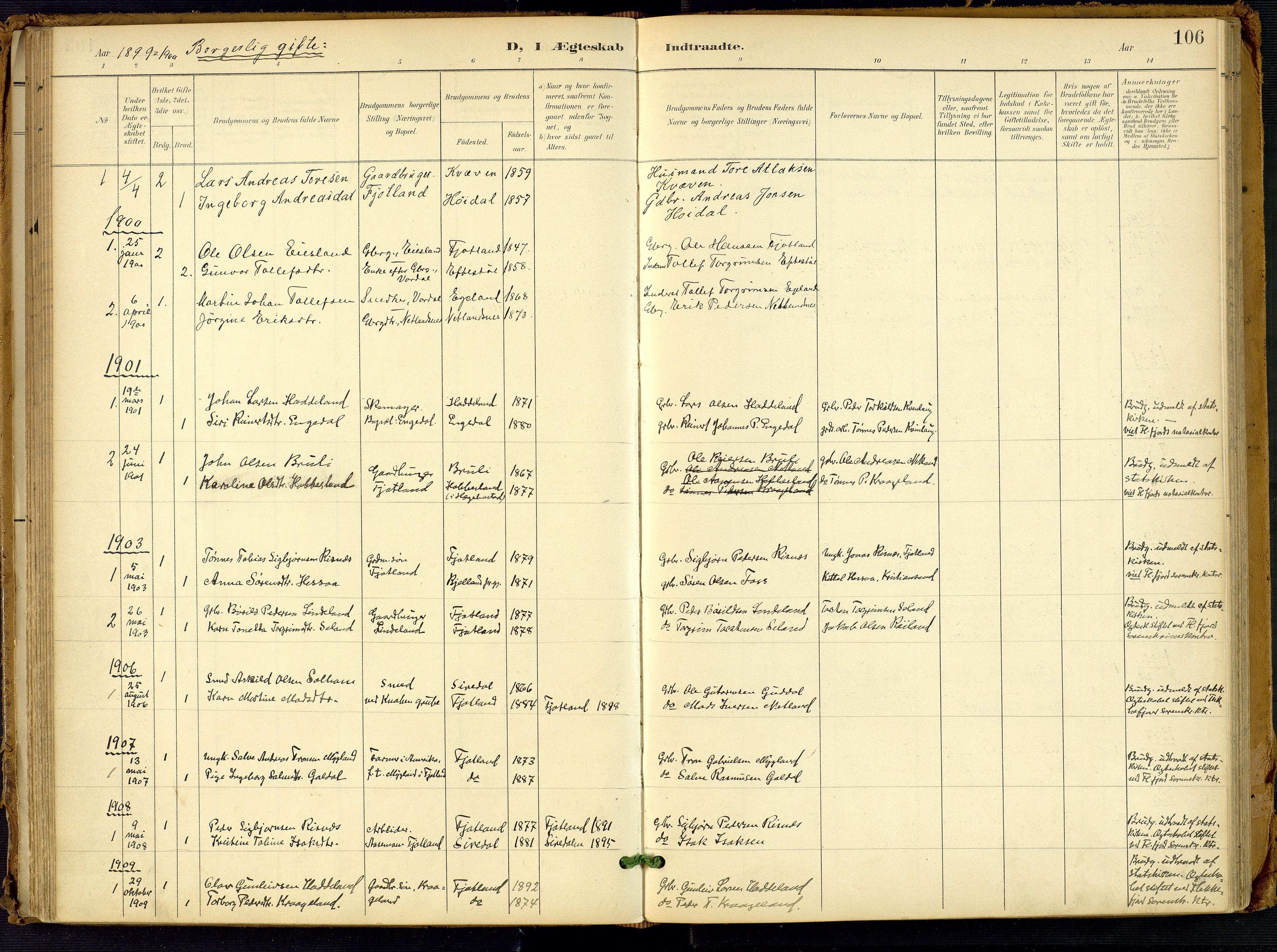 Fjotland sokneprestkontor, AV/SAK-1111-0010/F/Fa/L0003: Parish register (official) no. A 3, 1899-1917, p. 106