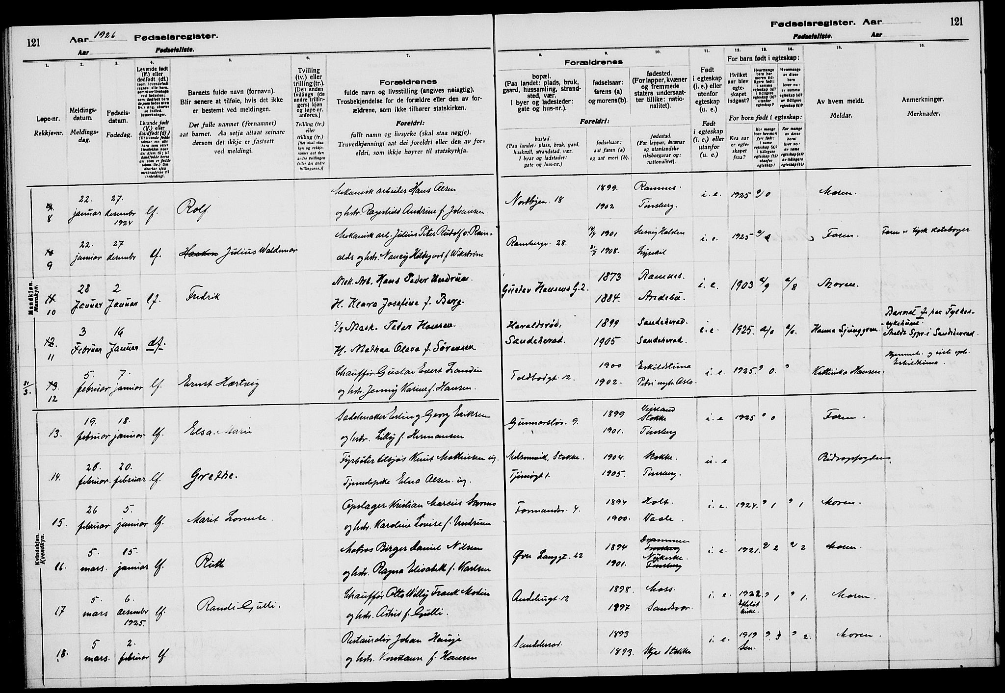 Tønsberg kirkebøker, AV/SAKO-A-330/J/Ja/L0002: Birth register no. 2, 1922-1928, p. 121