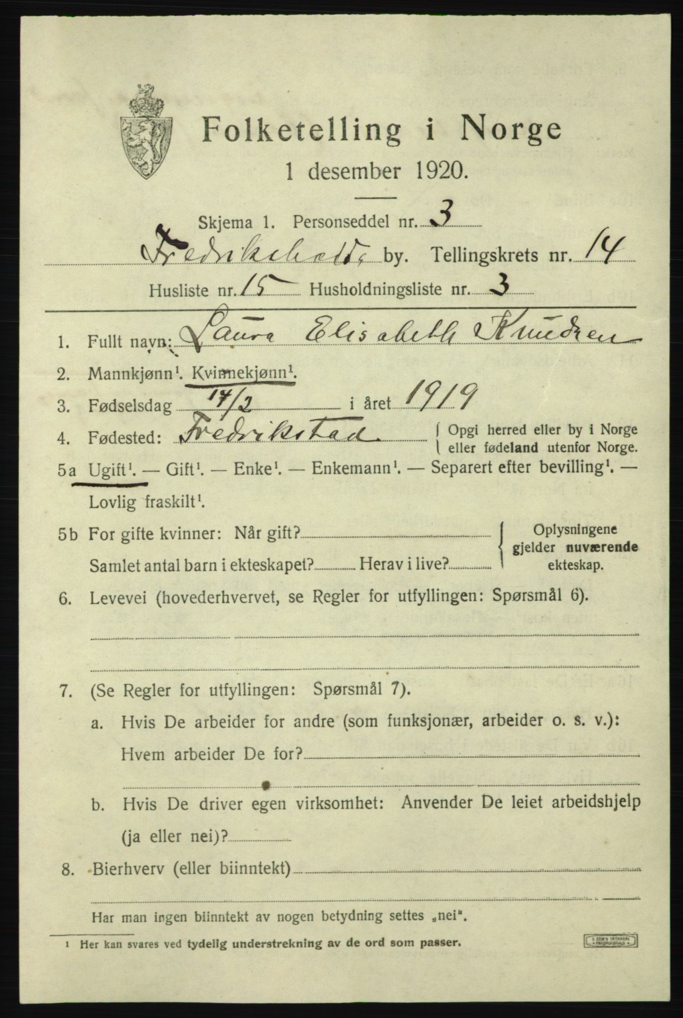 SAO, 1920 census for Fredrikshald, 1920, p. 22615